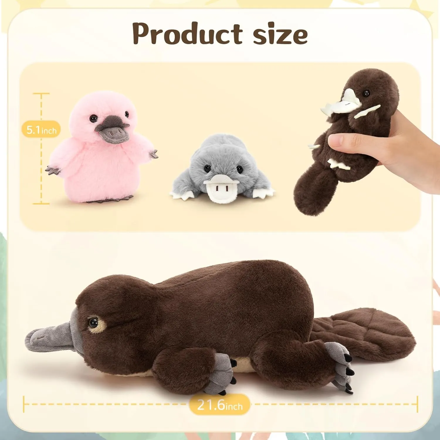 MorisMos 4Pcs Giant Platypus Stuffed Animal, 22inch Large Realistic Platypus Plush with 3 Baby Plush Toys Gifts for Kids, Boys, Girls, Brown