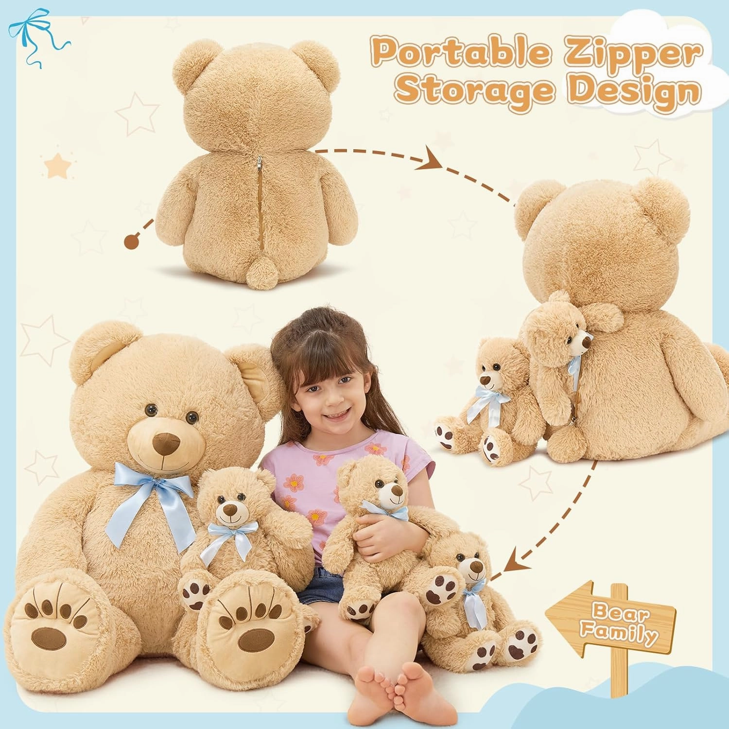 MorisMos Giant Teddy Bear Stuffed Animal with Baby Bears,35.4'' Big Mommy Stuffed Bear,3 Small Bulk Teddy Bear Stuffed Animals for Baby Shower Birthday, 4-Pack Brown Bear Toys for Kids Mom Girlfriends