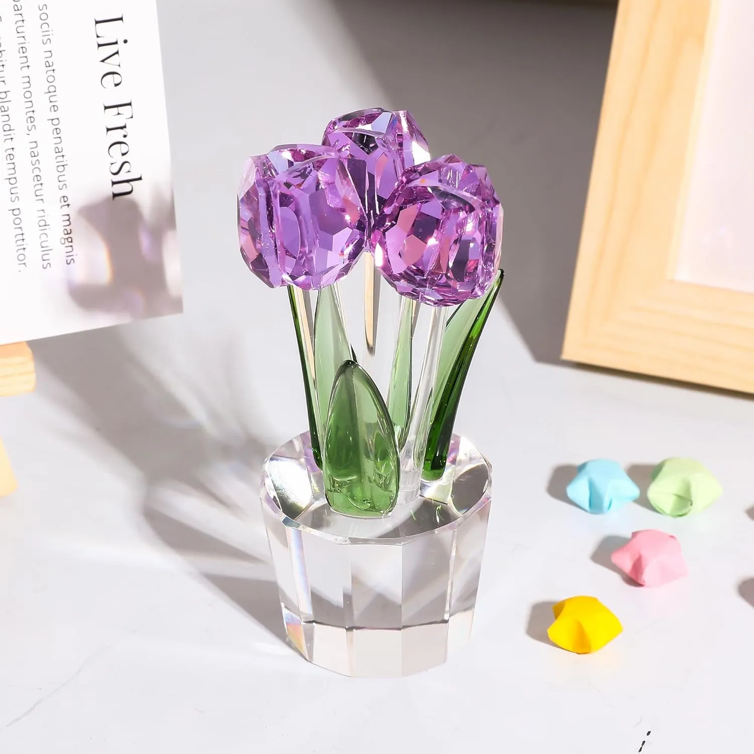 Movdyka Tulips Glass Flowers Figurines Crystal Decor Collectibles Crystal Purple Flowers Bouquet Ornaments Mothers Day Tulip Gifts for Women on Anniversary Wedding Christmas Valentines