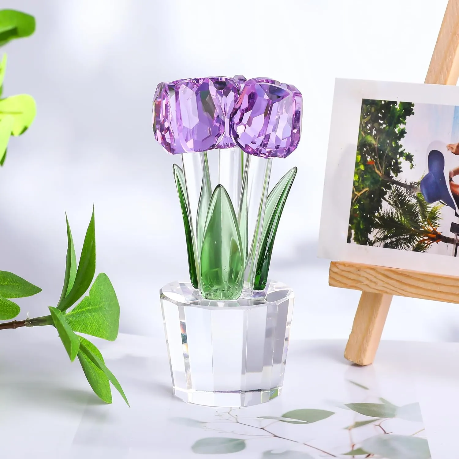 Movdyka Tulips Glass Flowers Figurines Crystal Decor Collectibles Crystal Purple Flowers Bouquet Ornaments Mothers Day Tulip Gifts for Women on Anniversary Wedding Christmas Valentines