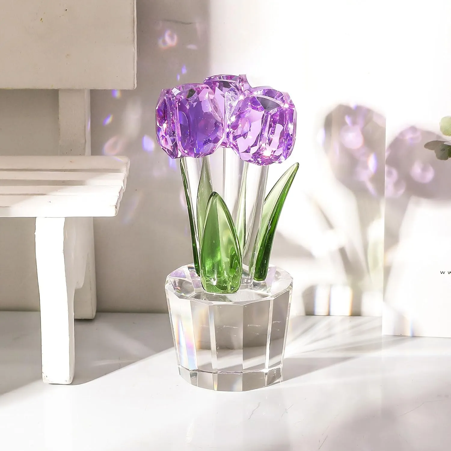 Movdyka Tulips Glass Flowers Figurines Crystal Decor Collectibles Crystal Purple Flowers Bouquet Ornaments Mothers Day Tulip Gifts for Women on Anniversary Wedding Christmas Valentines