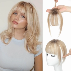 Ms Taj 360° Cover Clip in Bangs Real Human Hair, Natural Look Clip in Hair Extensions for Women, Fake Bangs for Daily Use(Ombre Brown Blonde)