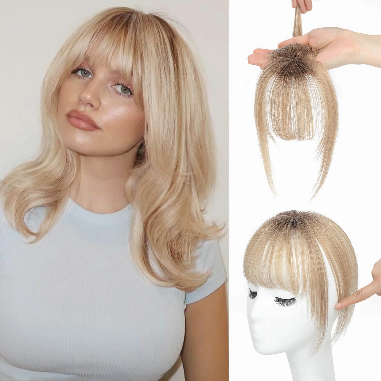 Ms Taj 360° Cover Clip in Bangs Real Human Hair, Natural Look Clip in Hair Extensions for Women, Fake Bangs for Daily Use(Ombre Brown Blonde)