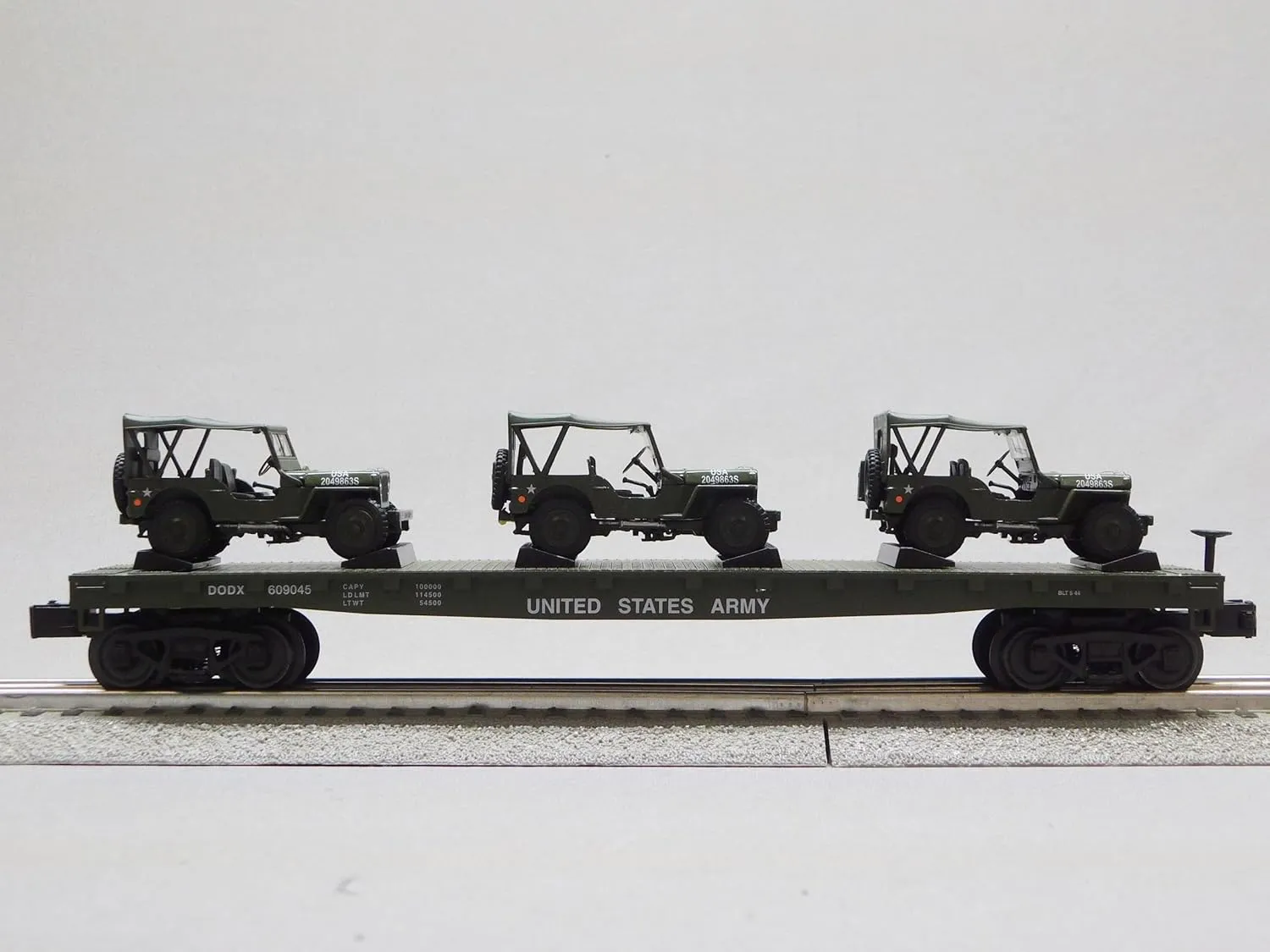 MTH RAILKING United States Army Flat CAR W/Willy's Transport Jeeps Gauge (70123C-609052)