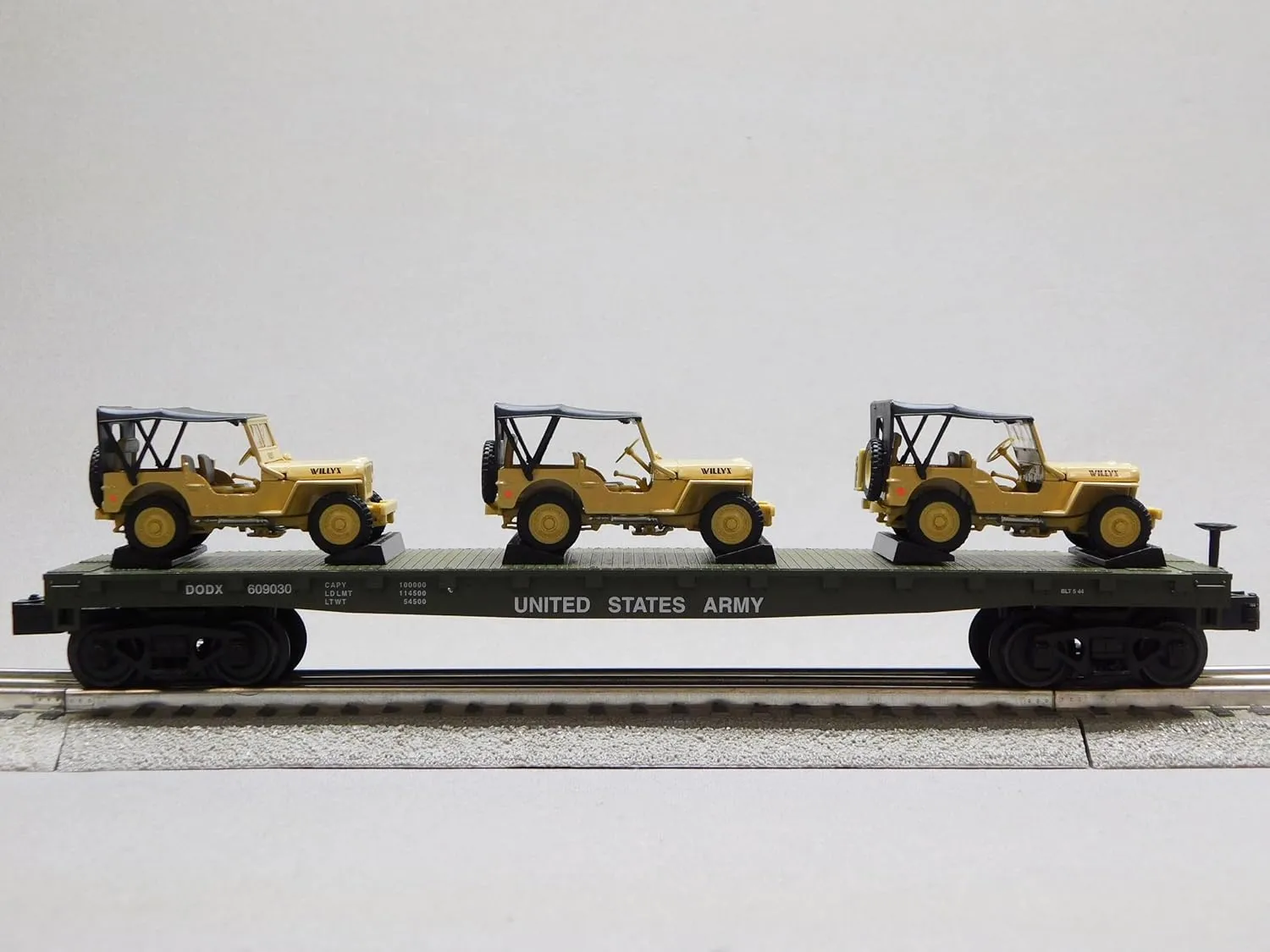 MTH RAILKING US Army Flat CAR W/Willy's Transport Jeep O Gauge 30-70124 (70124D-609044)