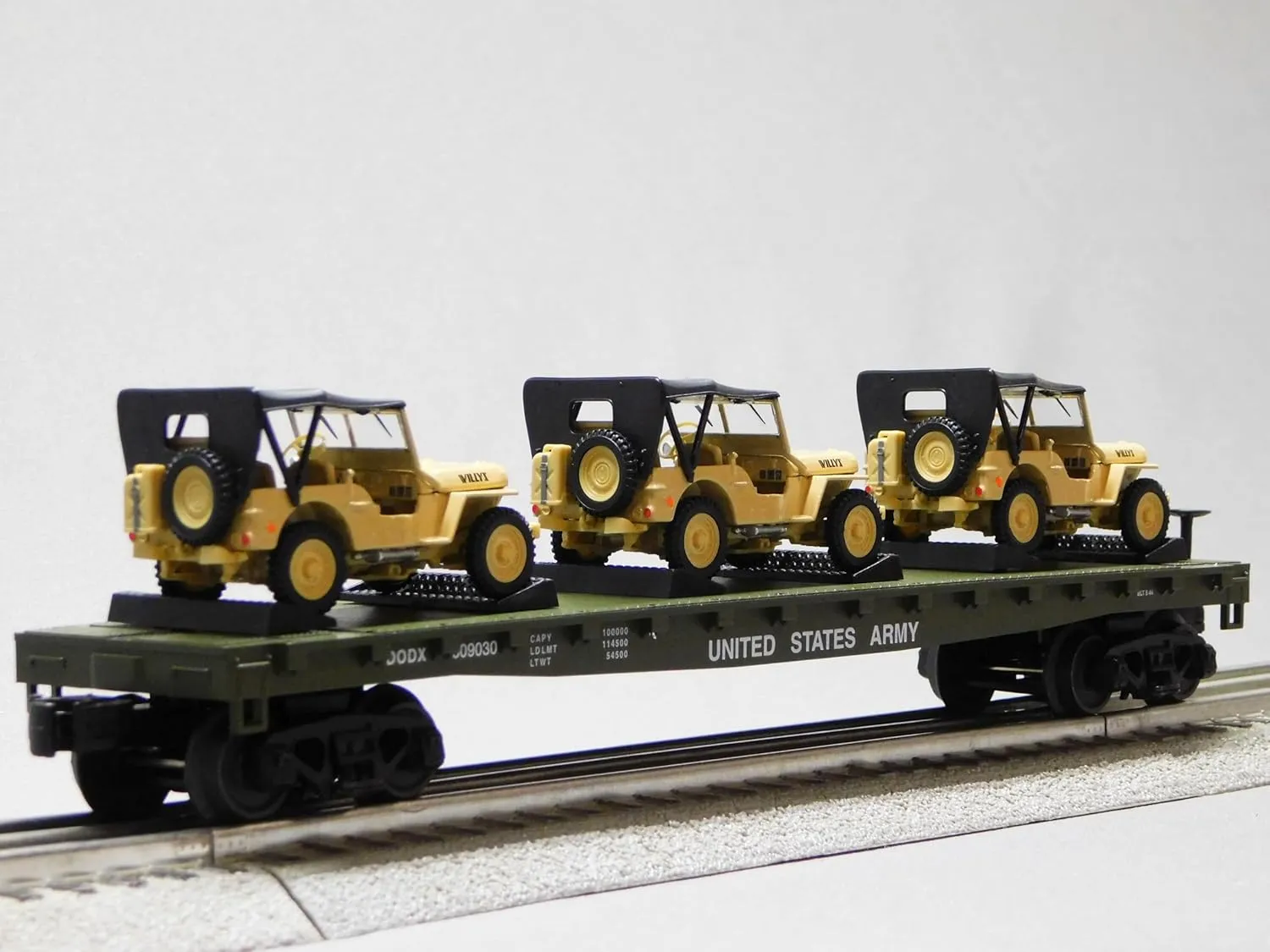 MTH RAILKING US Army Flat CAR W/Willy's Transport Jeep O Gauge 30-70124 (70124D-609044)