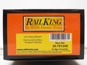 MTH RAILKING US Army Flat CAR W/Willy's Transport Jeep O Gauge 30-70124 (70124D-609044)