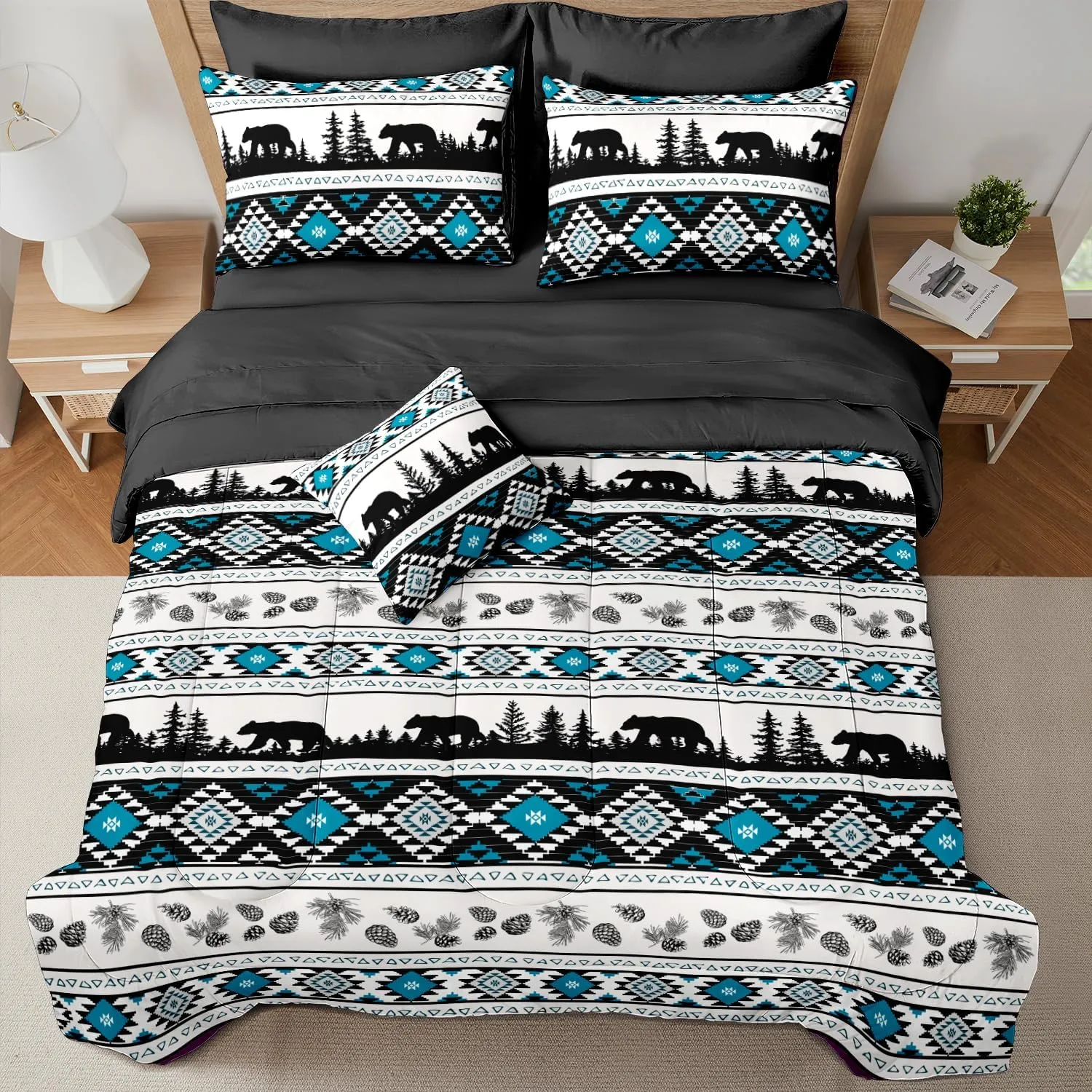 MUGINYU Western Boho Aztec Comforter Set Queen Turquoise, Southwestern Country Rustic Bedding Set,Farmhouse American Tribal Arrow Bed in a Bag 8 Piece,Wildlife Bear Geometric Exotic Indian Bed Set
