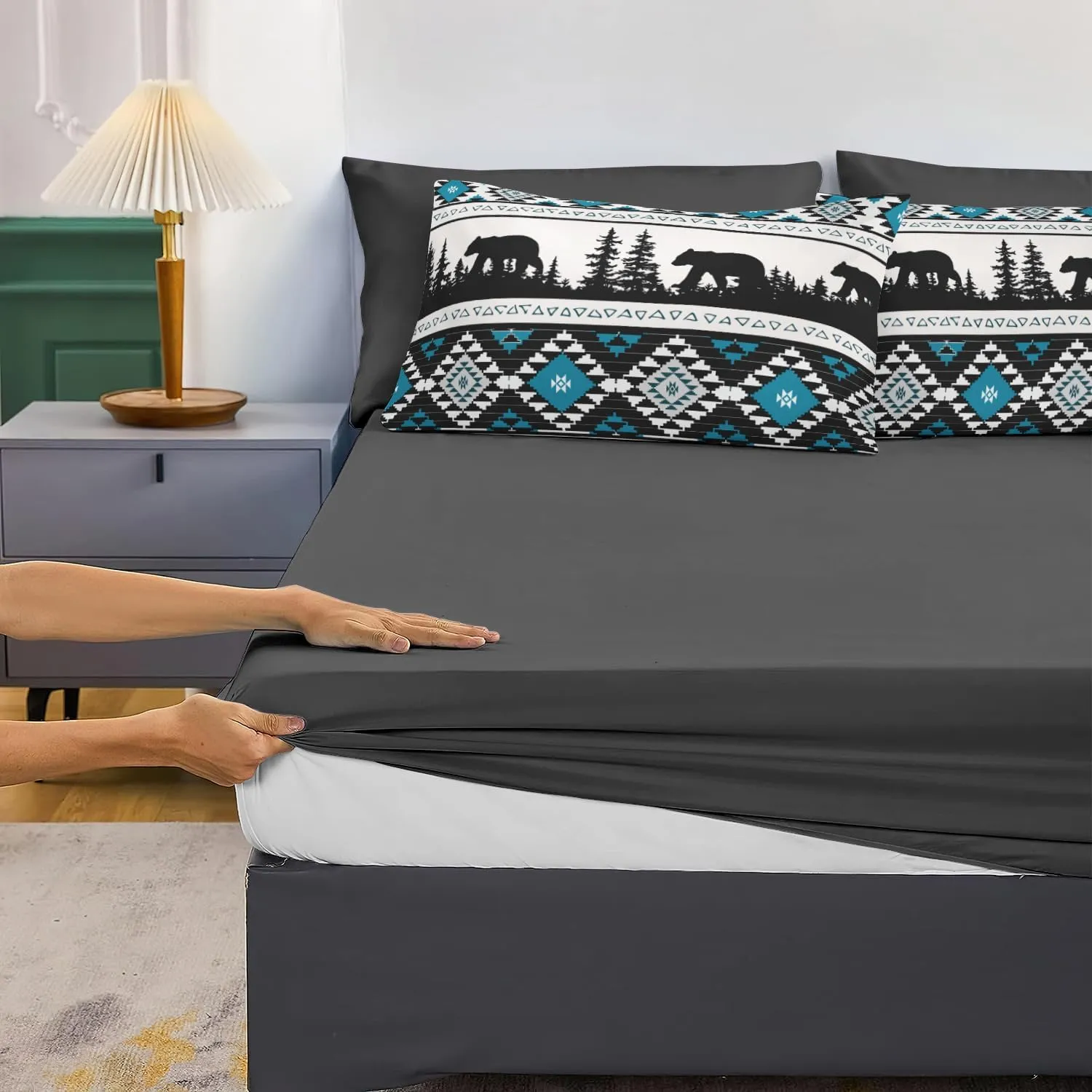 MUGINYU Western Boho Aztec Comforter Set Queen Turquoise, Southwestern Country Rustic Bedding Set,Farmhouse American Tribal Arrow Bed in a Bag 8 Piece,Wildlife Bear Geometric Exotic Indian Bed Set