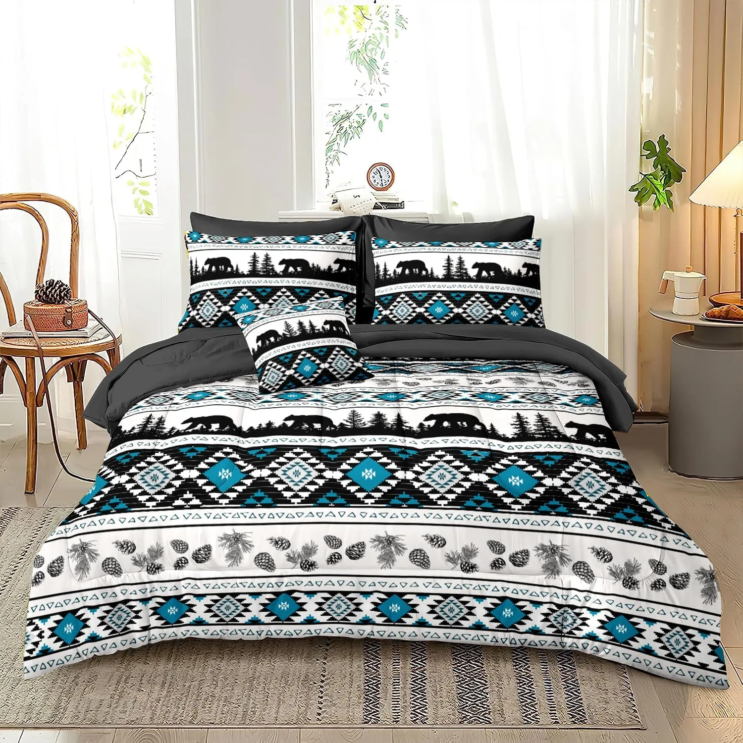 MUGINYU Western Boho Aztec Comforter Set Queen Turquoise, Southwestern Country Rustic Bedding Set,Farmhouse American Tribal Arrow Bed in a Bag 8 Piece,Wildlife Bear Geometric Exotic Indian Bed Set