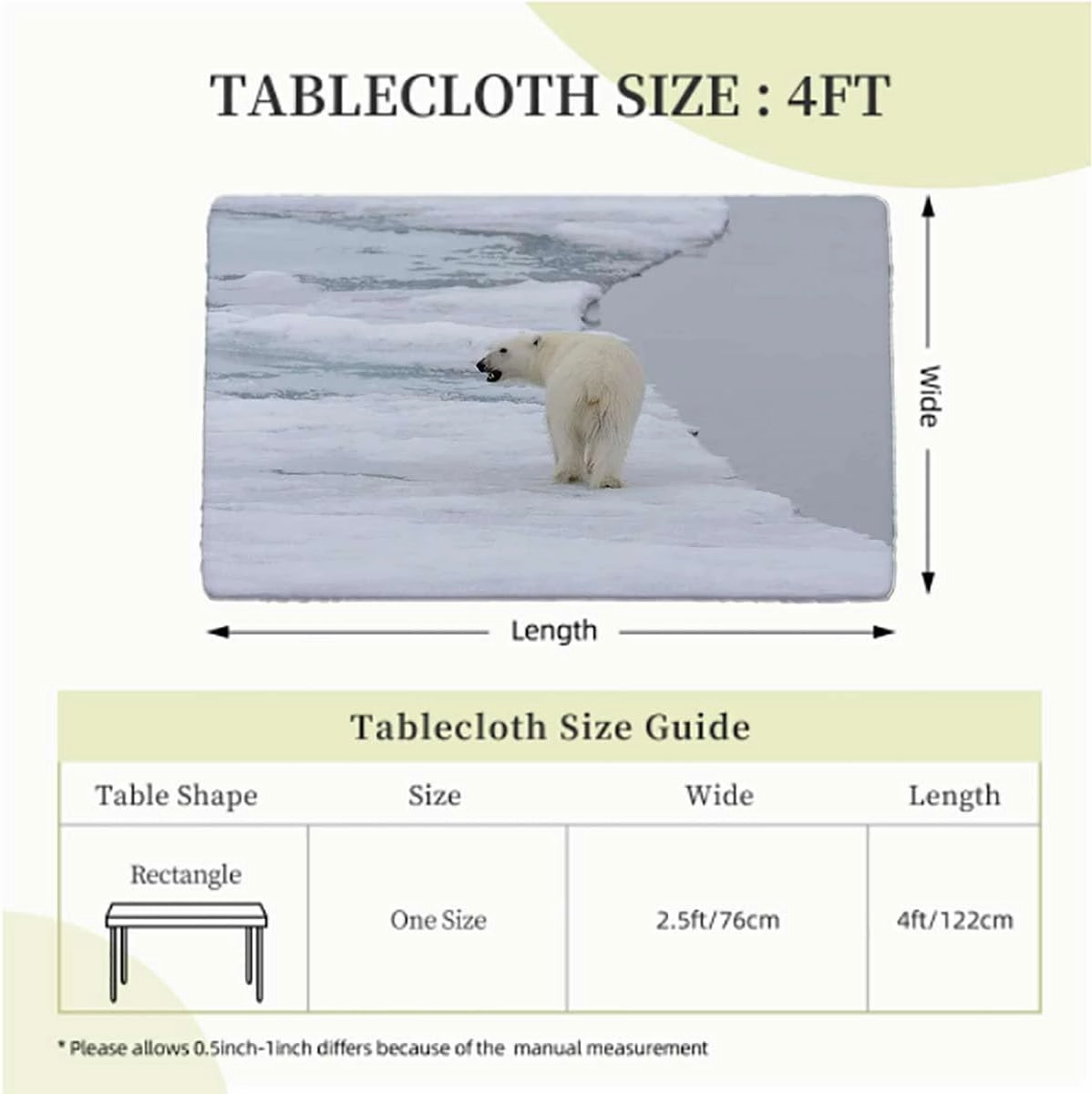Multicolor Elastic Edge Fitted Tablecloth, White Polar Bear on Ice Waterproof Oil Proof Table ​Cover for Indoor and Outdoor Bear Fits up 4 Foot Tables