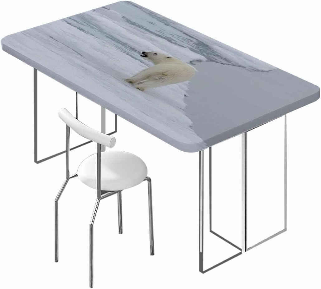 Multicolor Elastic Edge Fitted Tablecloth, White Polar Bear on Ice Waterproof Oil Proof Table ​Cover for Indoor and Outdoor Bear Fits up 4 Foot Tables