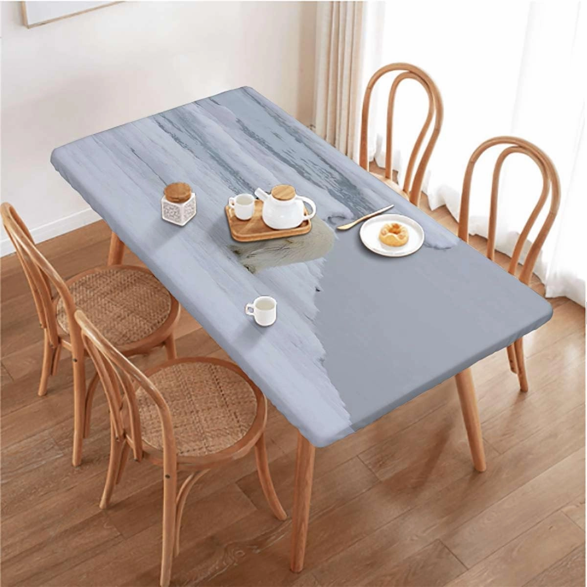 Multicolor Elastic Edge Fitted Tablecloth, White Polar Bear on Ice Waterproof Oil Proof Table ​Cover for Indoor and Outdoor Bear Fits up 4 Foot Tables