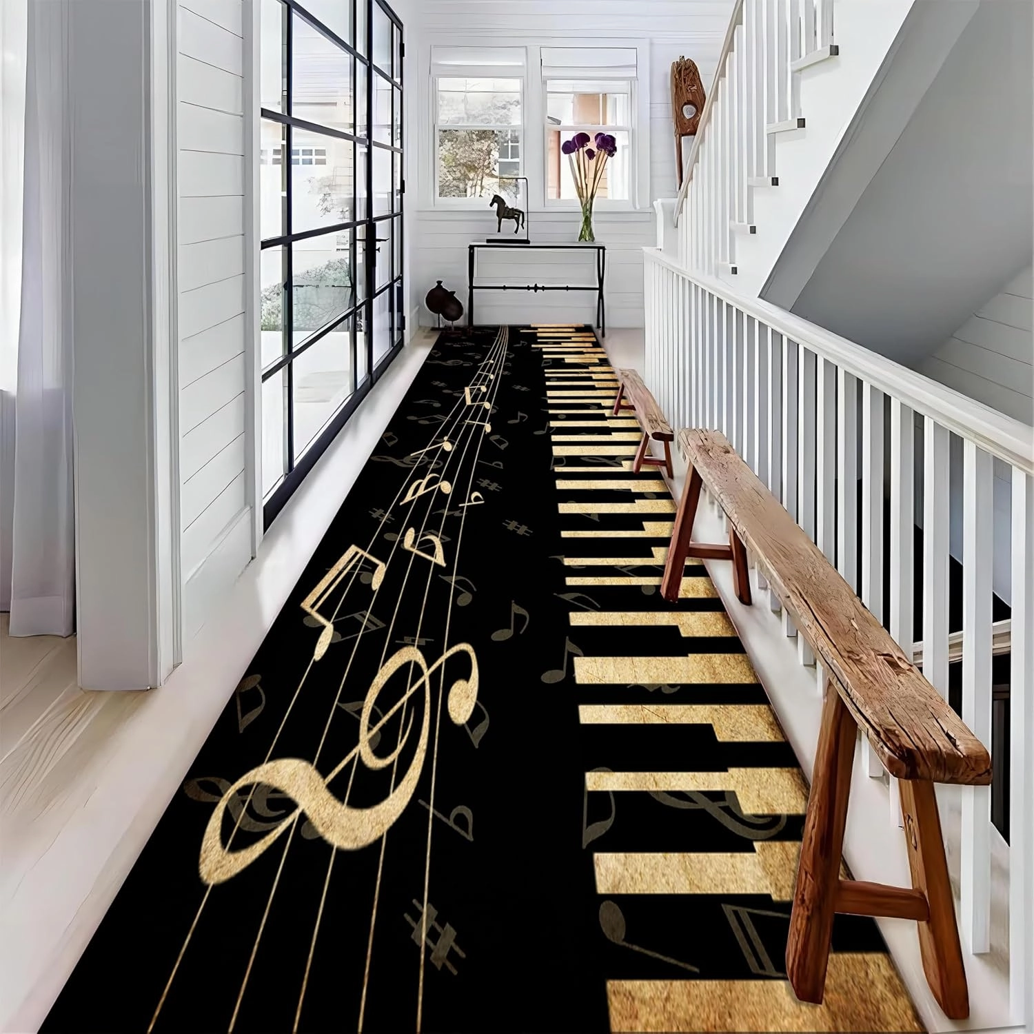 Musical Note Runner Rug, 2x10ft Vintage Distressed Music Notes Hallway Carpet, Non-Slip Washable Piano Studio Carpets for Bedroom Living Room Sofa Party Concert Floor Rugs
