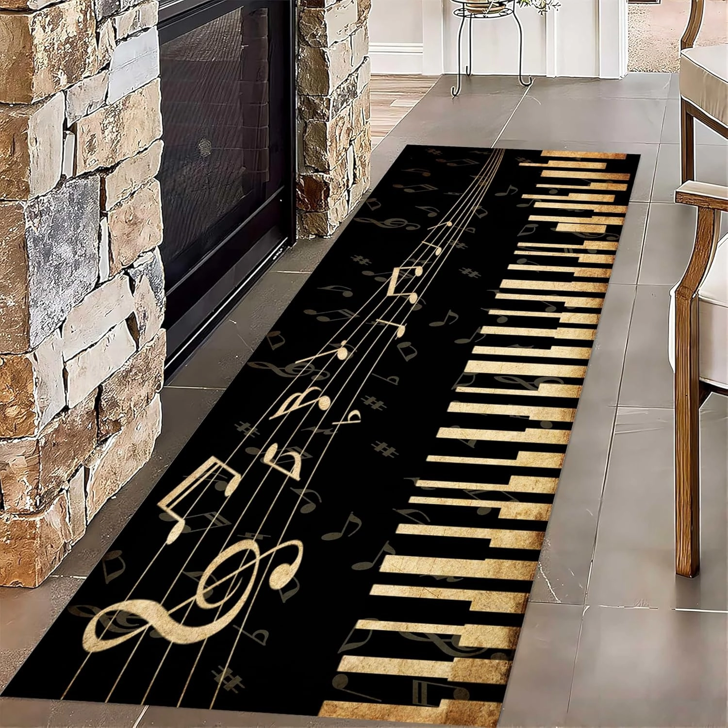 Musical Note Runner Rug, 2x10ft Vintage Distressed Music Notes Hallway Carpet, Non-Slip Washable Piano Studio Carpets for Bedroom Living Room Sofa Party Concert Floor Rugs