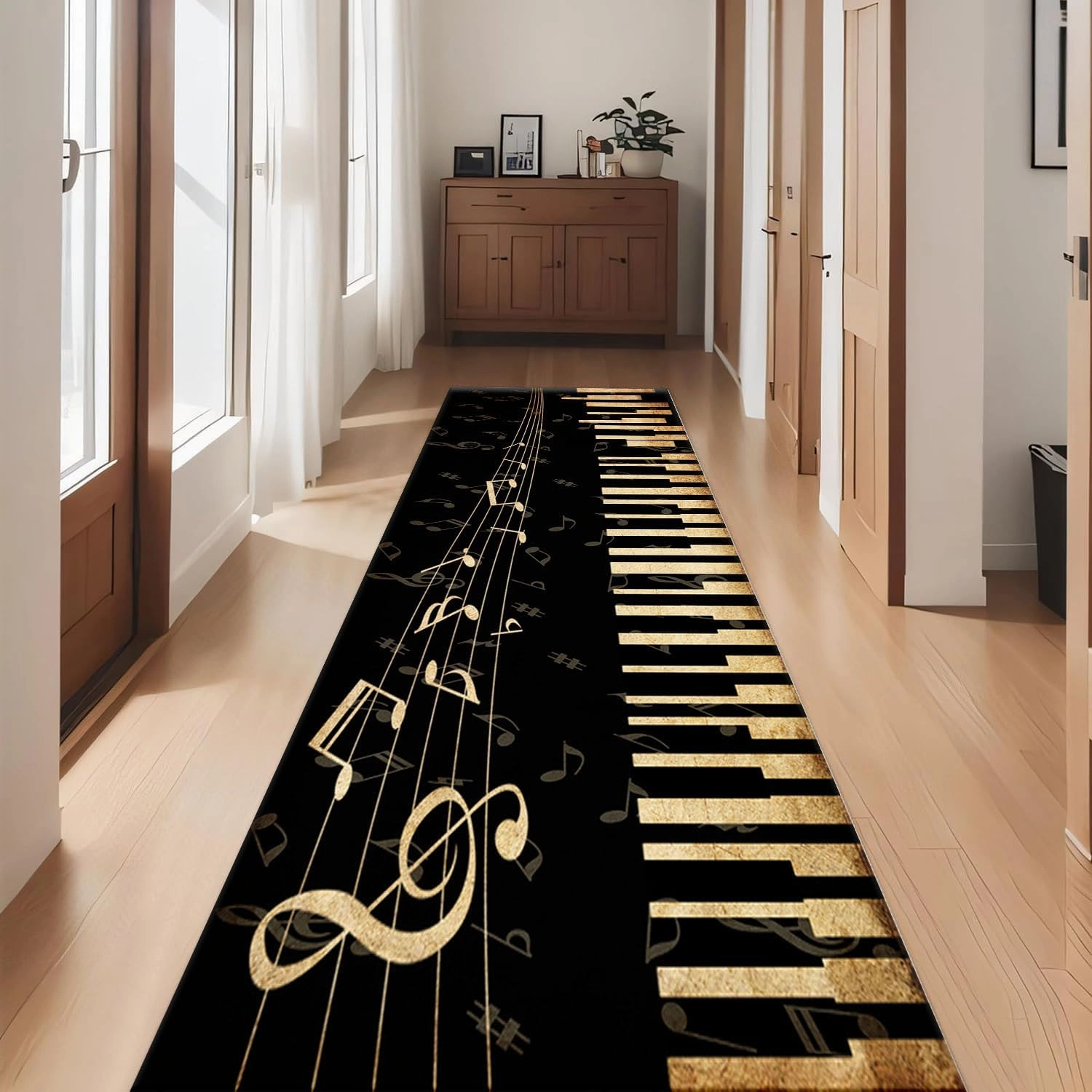 Musical Note Runner Rug, 2x10ft Vintage Distressed Music Notes Hallway Carpet, Non-Slip Washable Piano Studio Carpets for Bedroom Living Room Sofa Party Concert Floor Rugs