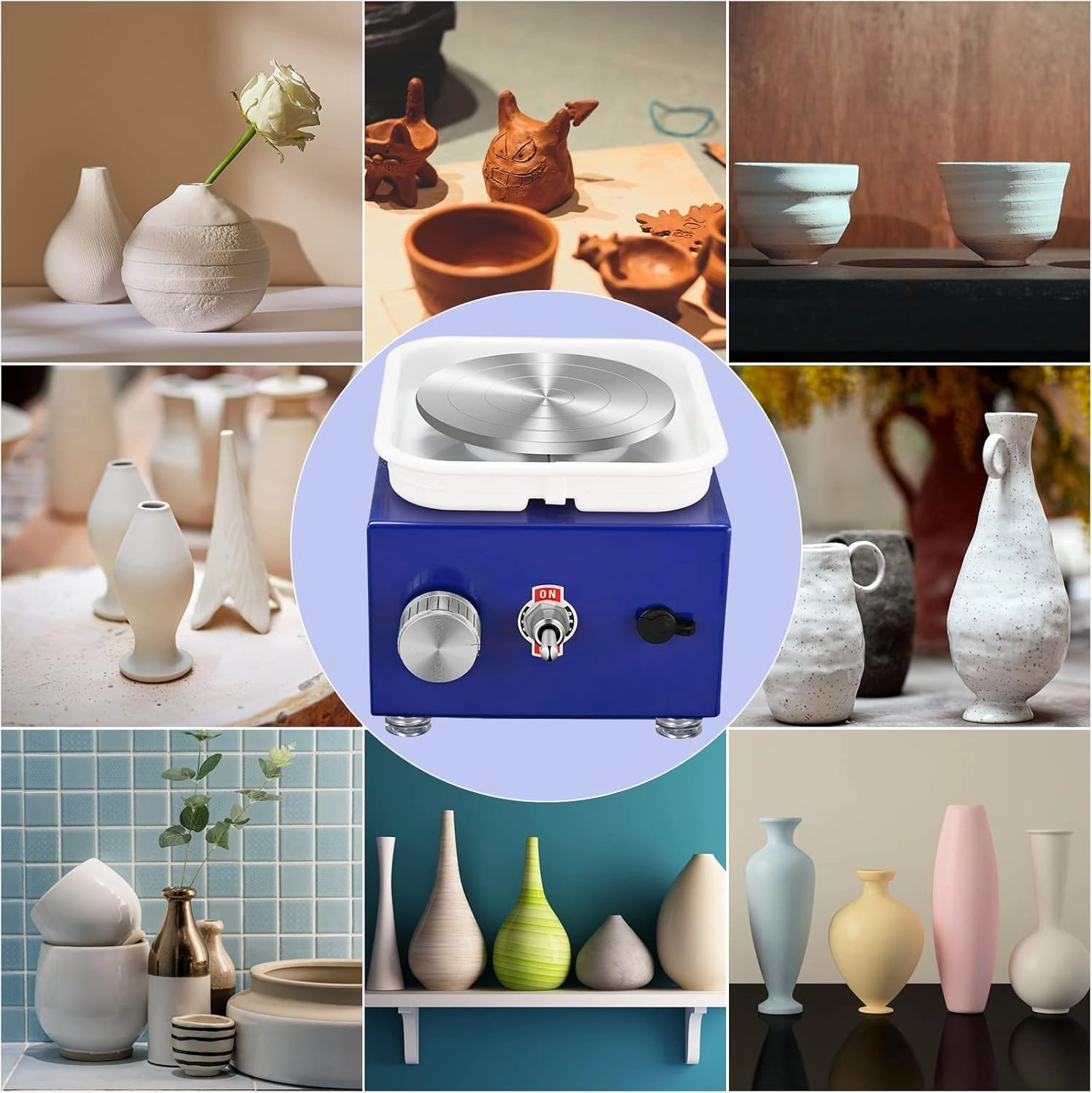 NantFun Mini Pottery Wheel Machine, 6.5cm 10cm Double Turntables Detachable Basin Forming Machine Adjustable Speed Electric Ceramic Wheel with Clay Tools for Kids Adults Beginners