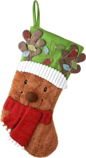 National Tree Company Be Merry Collection Novelty Teddy Bear Christmas Stocking, Red Scarf and Green Hat, Fluffy Polyester, 20 in