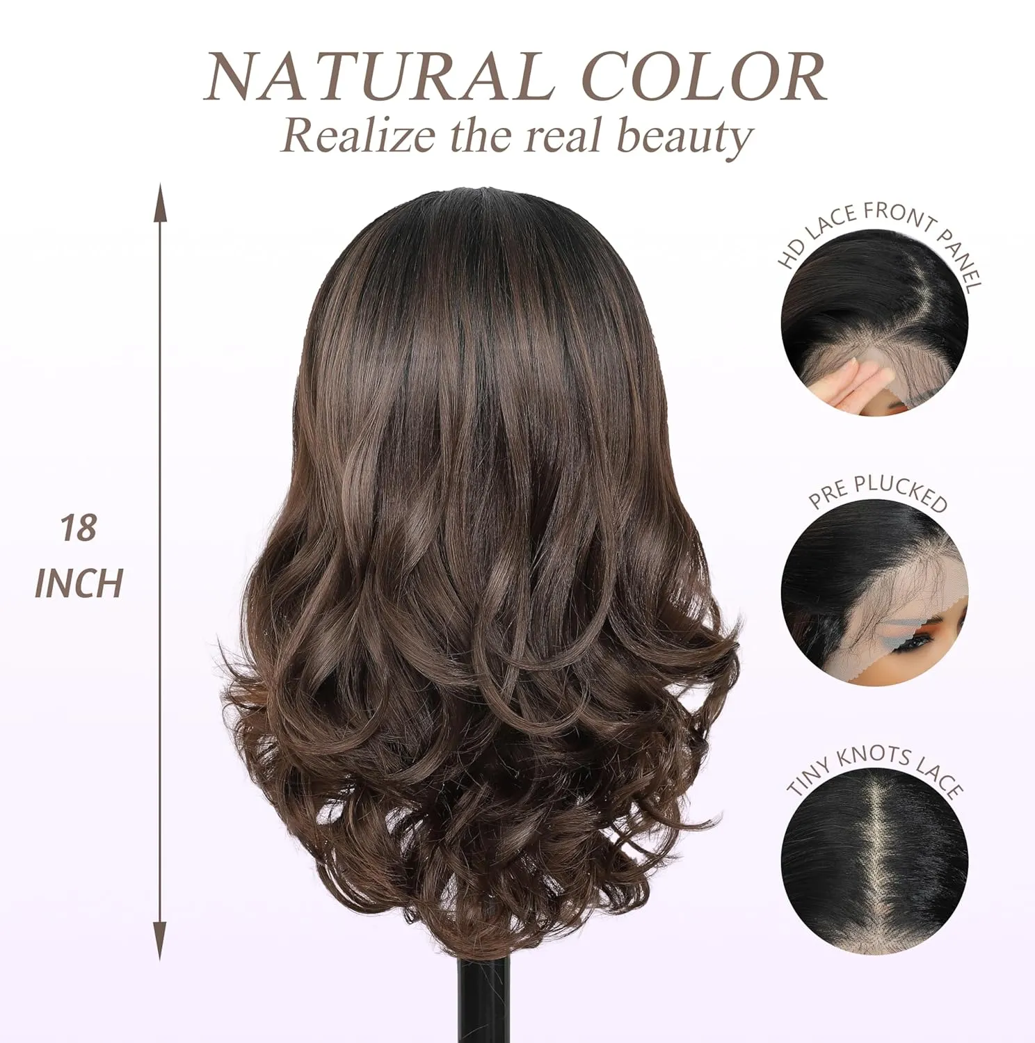 Natural Black Ombre Brown 13×6 HD Lace Front Wigs Synthetic Glueless Pre Layered Body Wave Wigs for Women Pre Plucked 18 Inch Tiny Knots Lace Natural Hairline Bob Wigs