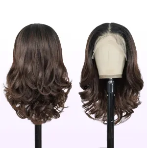 Natural Black Ombre Brown 13×6 HD Lace Front Wigs Synthetic Glueless Pre Layered Body Wave Wigs for Women Pre Plucked 18 Inch Tiny Knots Lace Natural Hairline Bob Wigs
