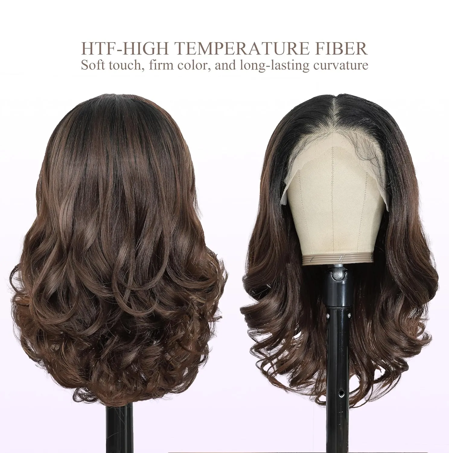 Natural Black Ombre Brown 13×6 HD Lace Front Wigs Synthetic Glueless Pre Layered Body Wave Wigs for Women Pre Plucked 18 Inch Tiny Knots Lace Natural Hairline Bob Wigs