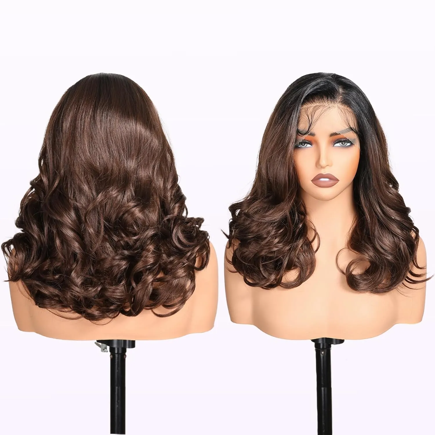 Natural Black Ombre Brown 13×6 HD Lace Front Wigs Synthetic Glueless Pre Layered Body Wave Wigs for Women Pre Plucked 18 Inch Tiny Knots Lace Natural Hairline Bob Wigs