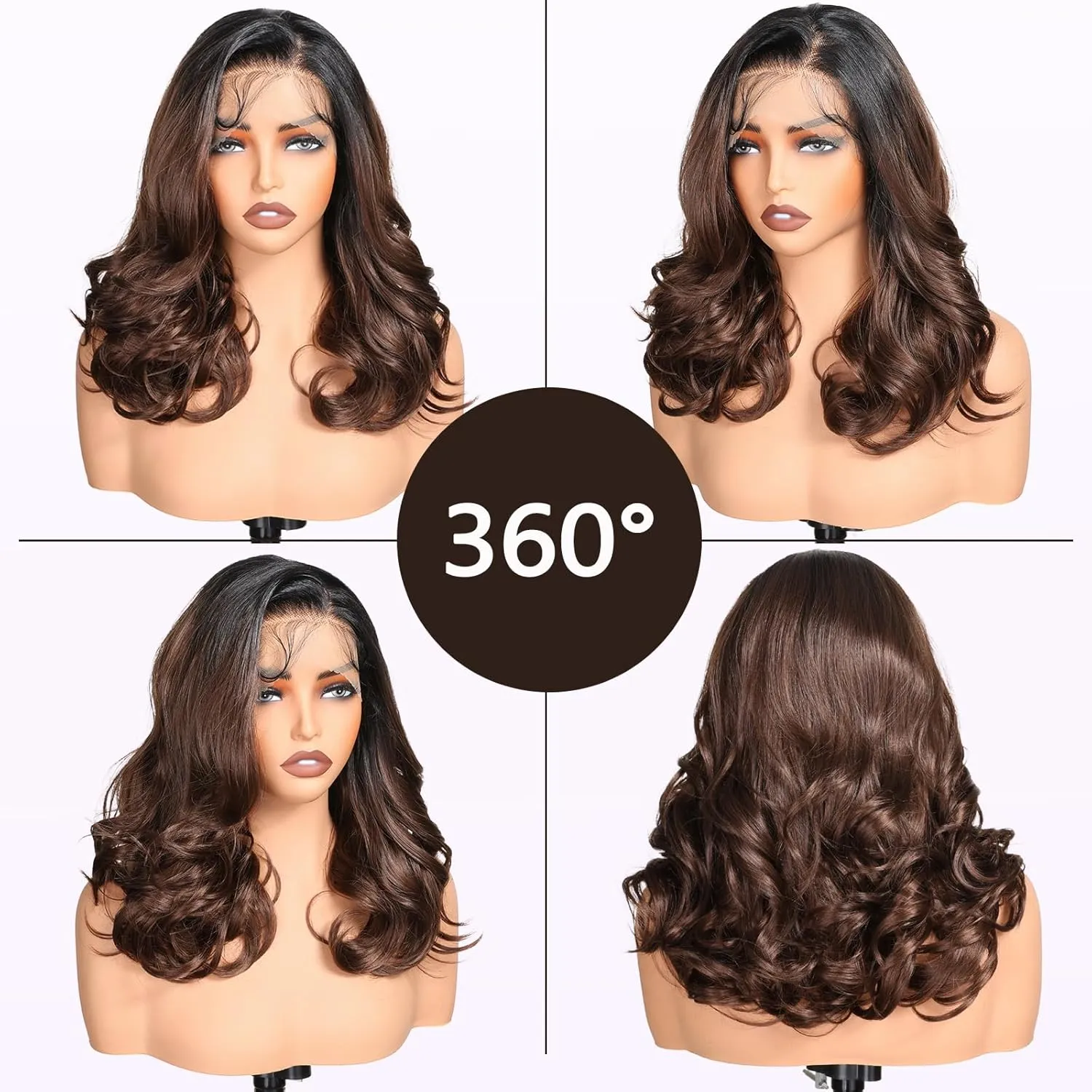 Natural Black Ombre Brown 13×6 HD Lace Front Wigs Synthetic Glueless Pre Layered Body Wave Wigs for Women Pre Plucked 18 Inch Tiny Knots Lace Natural Hairline Bob Wigs