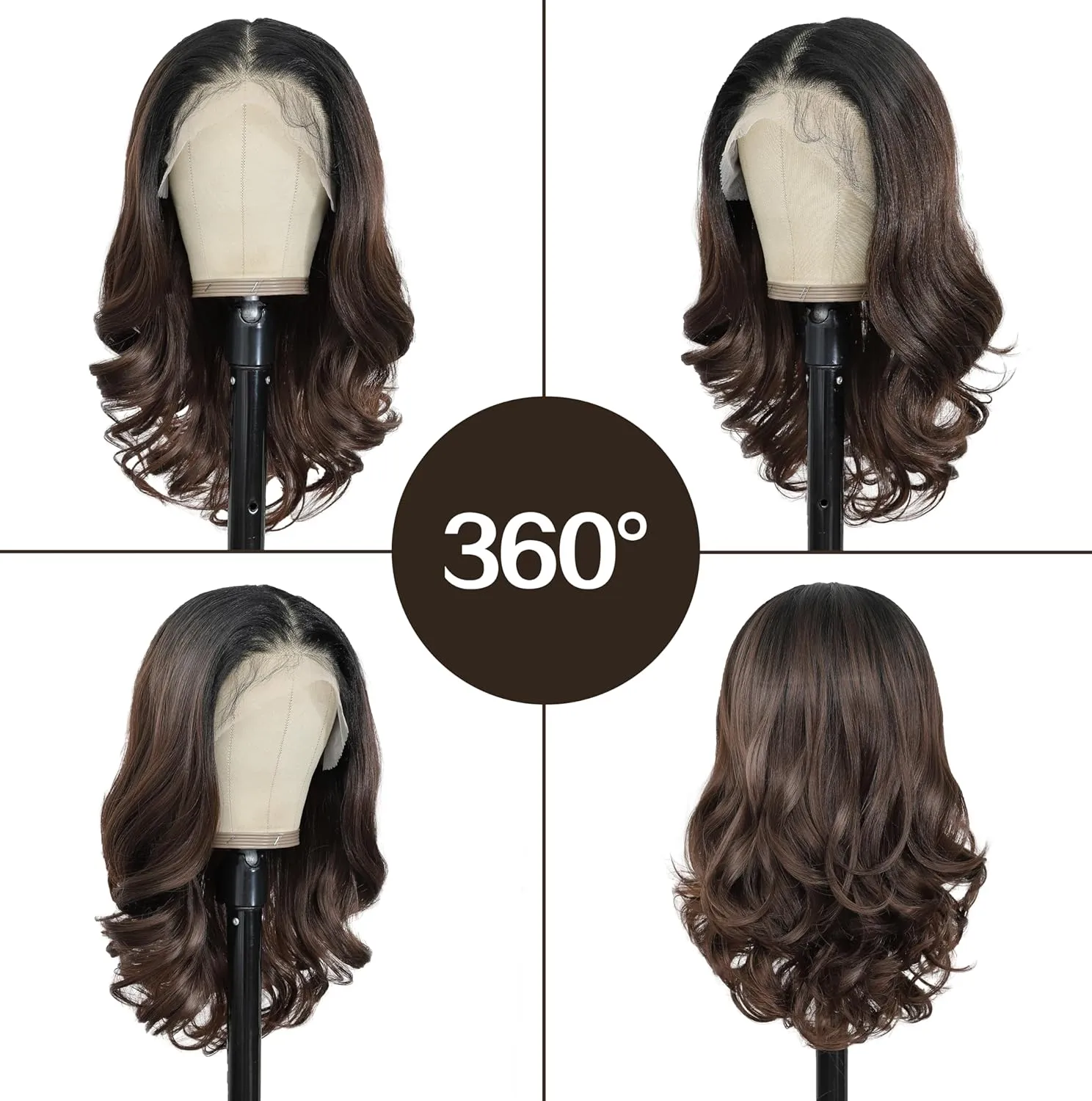 Natural Black Ombre Brown 13×6 HD Lace Front Wigs Synthetic Glueless Pre Layered Body Wave Wigs for Women Pre Plucked 18 Inch Tiny Knots Lace Natural Hairline Bob Wigs