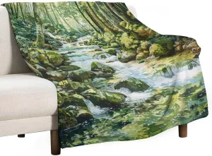 Natural Forest Throw Blanket, Soft Cozy Warm Tropical Jungle Stream Rocky Tree Flannel Blankets for Sofa Couch Bed, 30x40 Inch