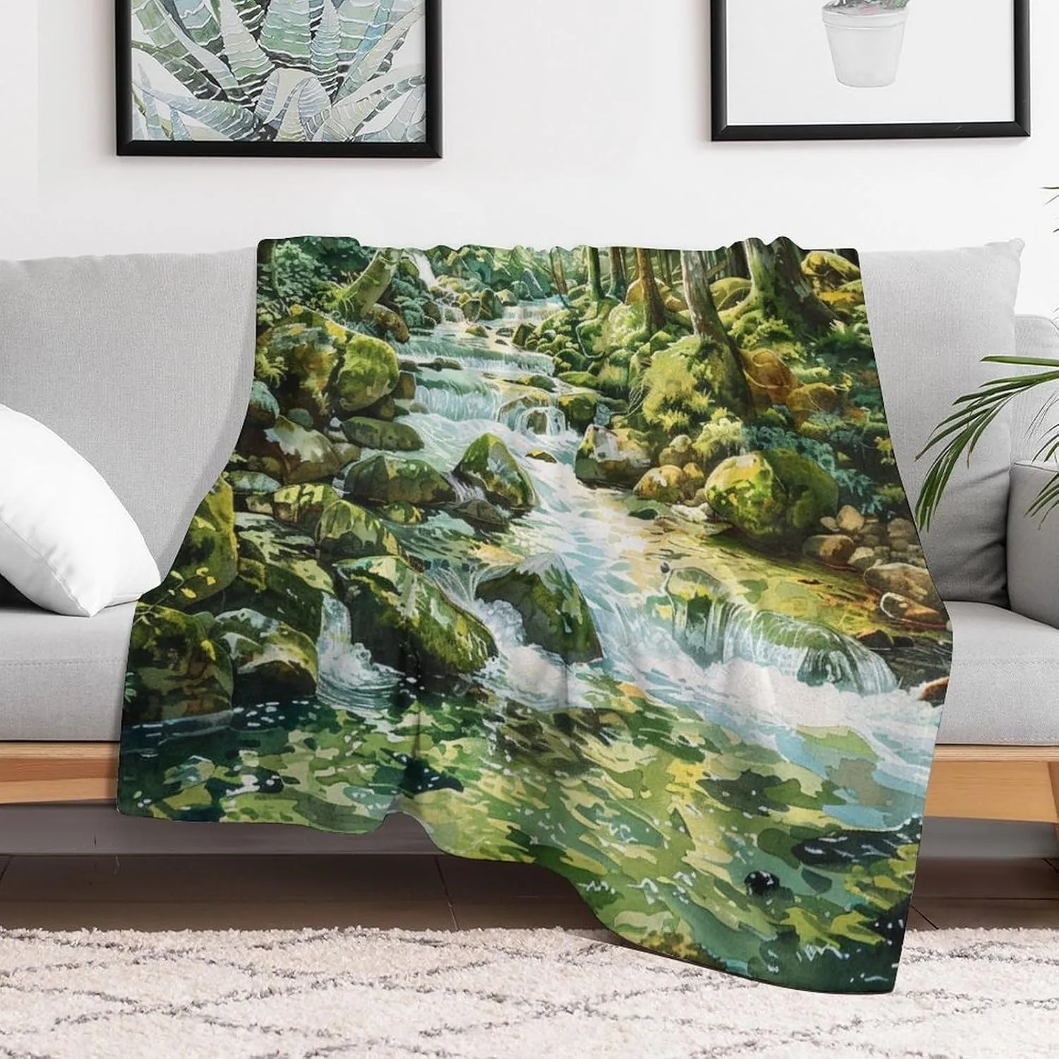Natural Forest Throw Blanket, Soft Cozy Warm Tropical Jungle Stream Rocky Tree Flannel Blankets for Sofa Couch Bed, 30x40 Inch