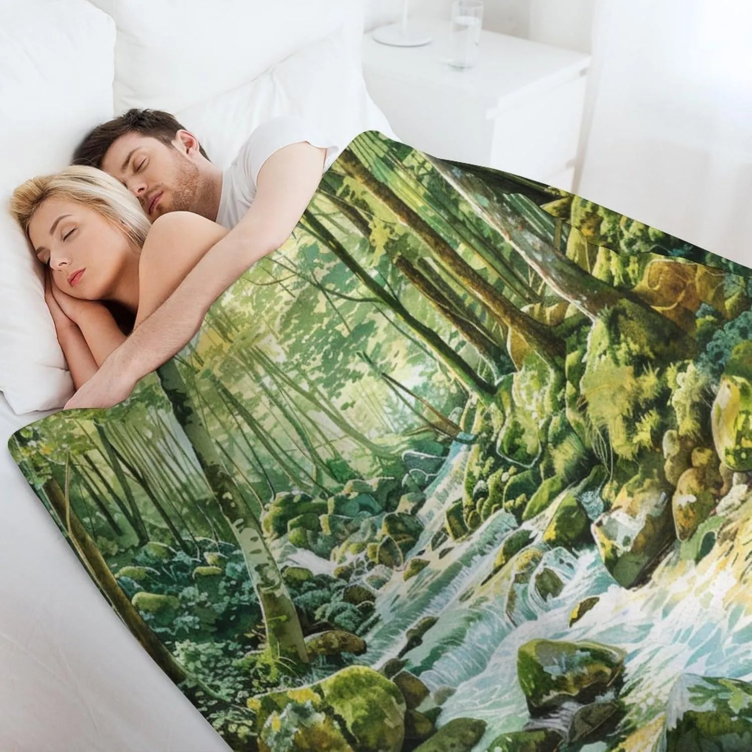 Natural Forest Throw Blanket, Soft Cozy Warm Tropical Jungle Stream Rocky Tree Flannel Blankets for Sofa Couch Bed, 30x40 Inch