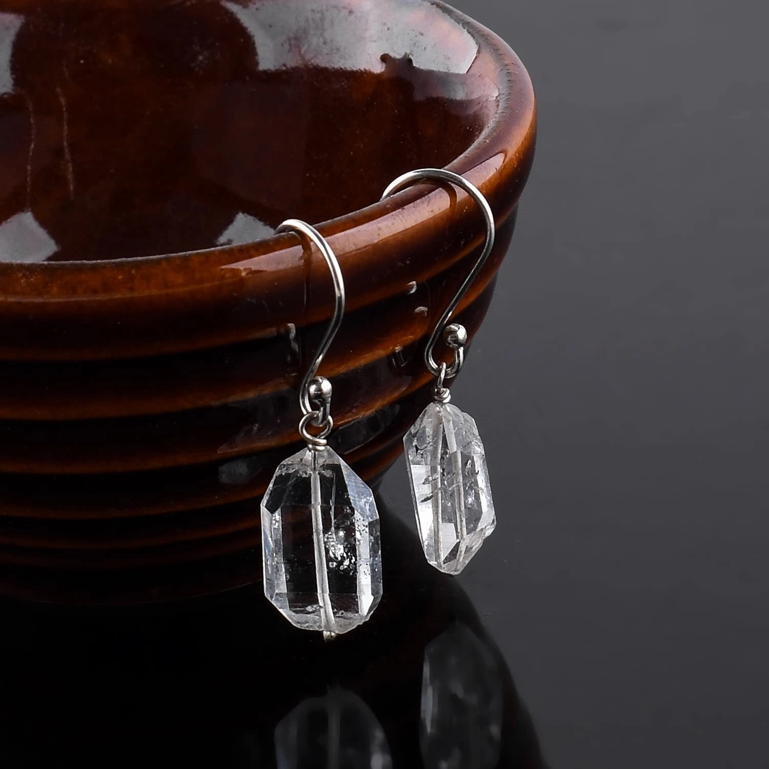 Natural Raw Herkimer Diamond Earrings, Rough Gemstones, Minimalist Jewelry, Dangling Earrings, Rhodium Plated, 925 Sterling Silver, April Birthstones, Earrings for Women & Girls