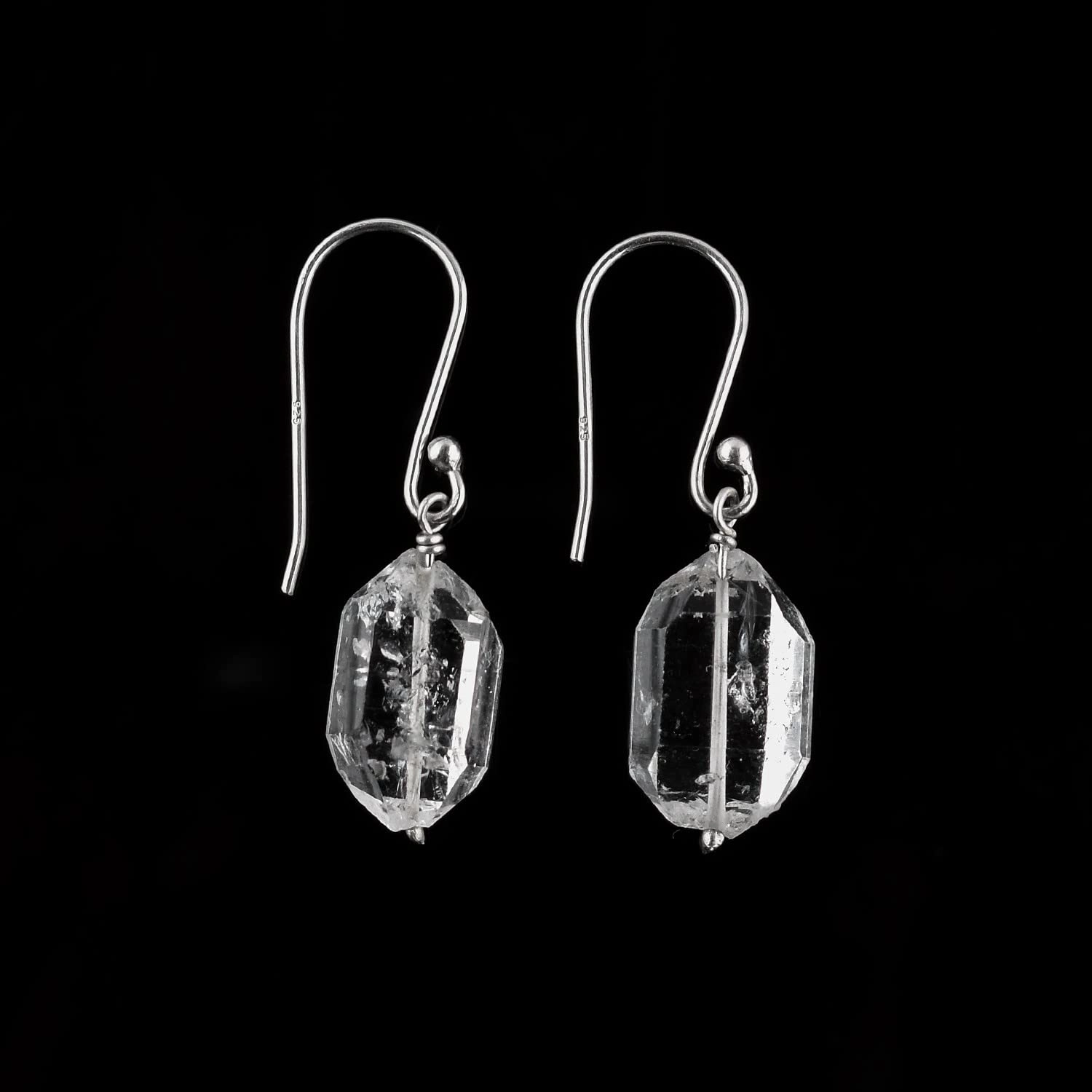 Natural Raw Herkimer Diamond Earrings, Rough Gemstones, Minimalist Jewelry, Dangling Earrings, Rhodium Plated, 925 Sterling Silver, April Birthstones, Earrings for Women & Girls