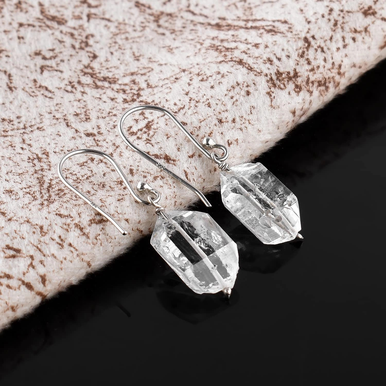 Natural Raw Herkimer Diamond Earrings, Rough Gemstones, Minimalist Jewelry, Dangling Earrings, Rhodium Plated, 925 Sterling Silver, April Birthstones, Earrings for Women & Girls