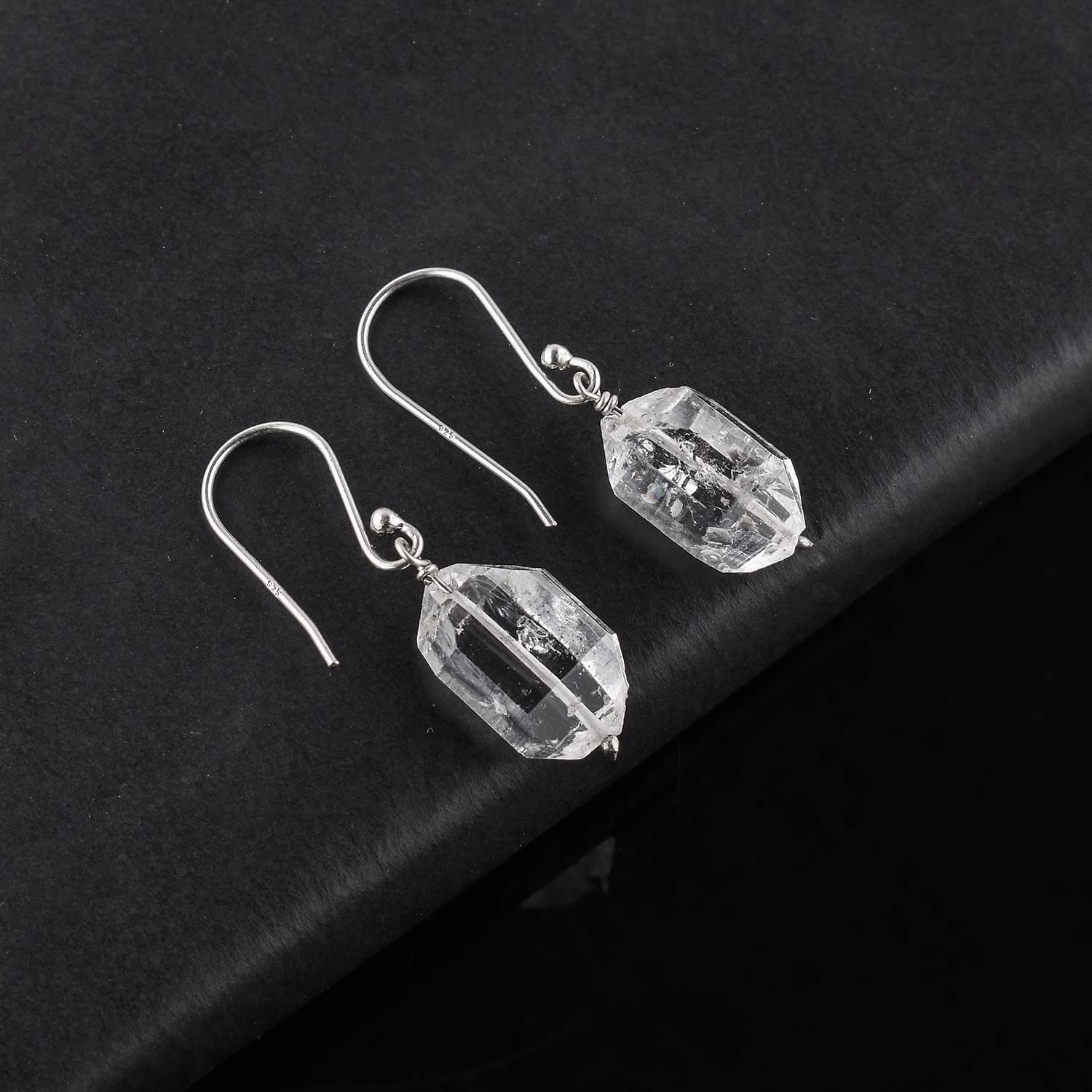 Natural Raw Herkimer Diamond Earrings, Rough Gemstones, Minimalist Jewelry, Dangling Earrings, Rhodium Plated, 925 Sterling Silver, April Birthstones, Earrings for Women & Girls