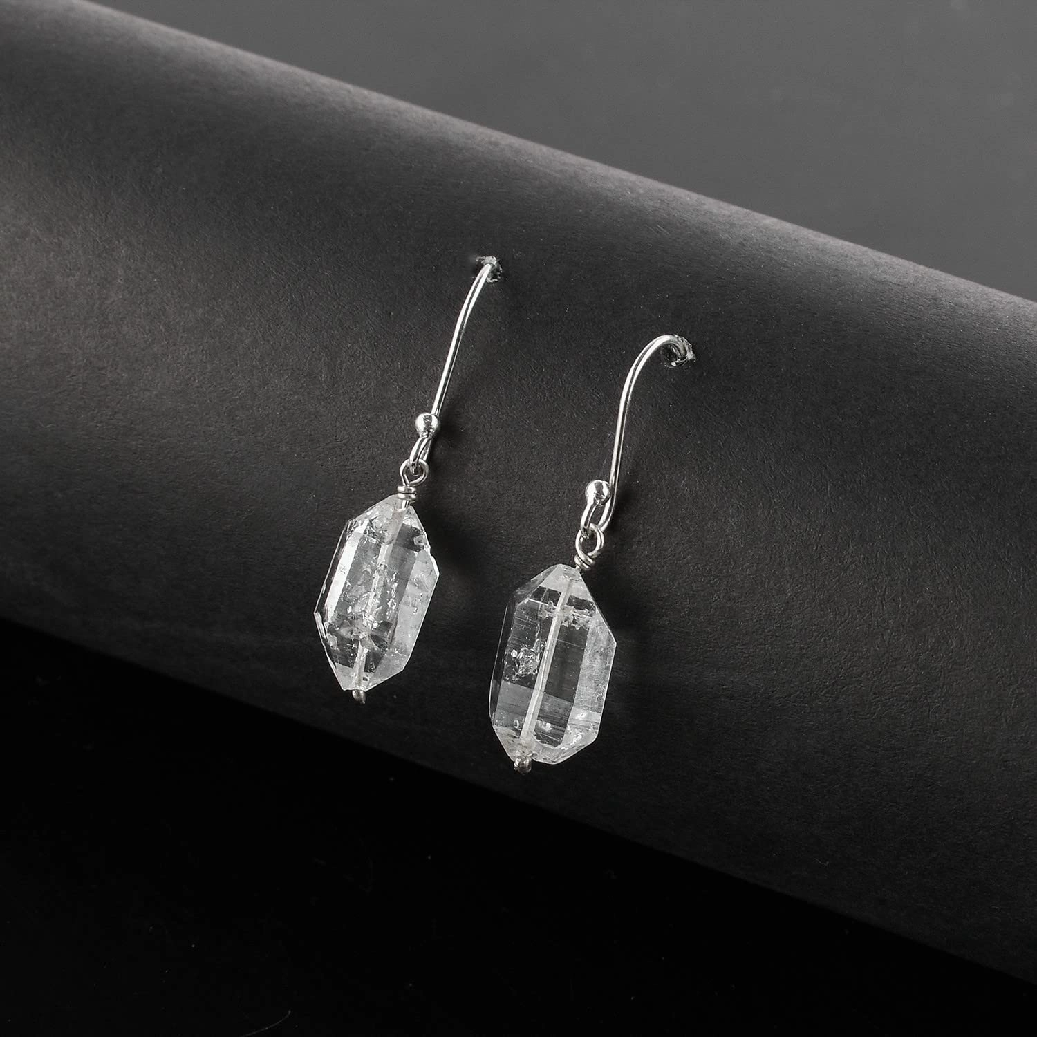 Natural Raw Herkimer Diamond Earrings, Rough Gemstones, Minimalist Jewelry, Dangling Earrings, Rhodium Plated, 925 Sterling Silver, April Birthstones, Earrings for Women & Girls