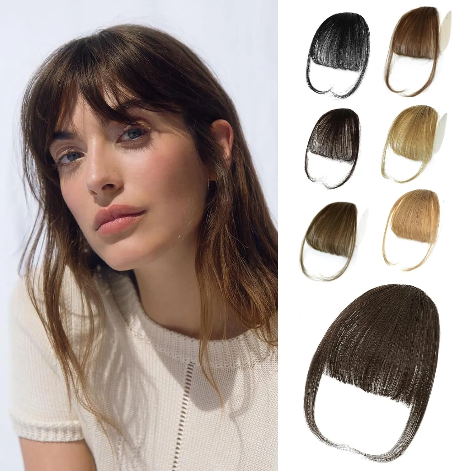 NAYOO Bangs Hair Clip in Bangs 100% Real Human Hair Extensions Wispy Bangs Clip on Air Bangs for Women Hairpieces Curved Bangs (2# darkest brown, Wispy Bangs)
