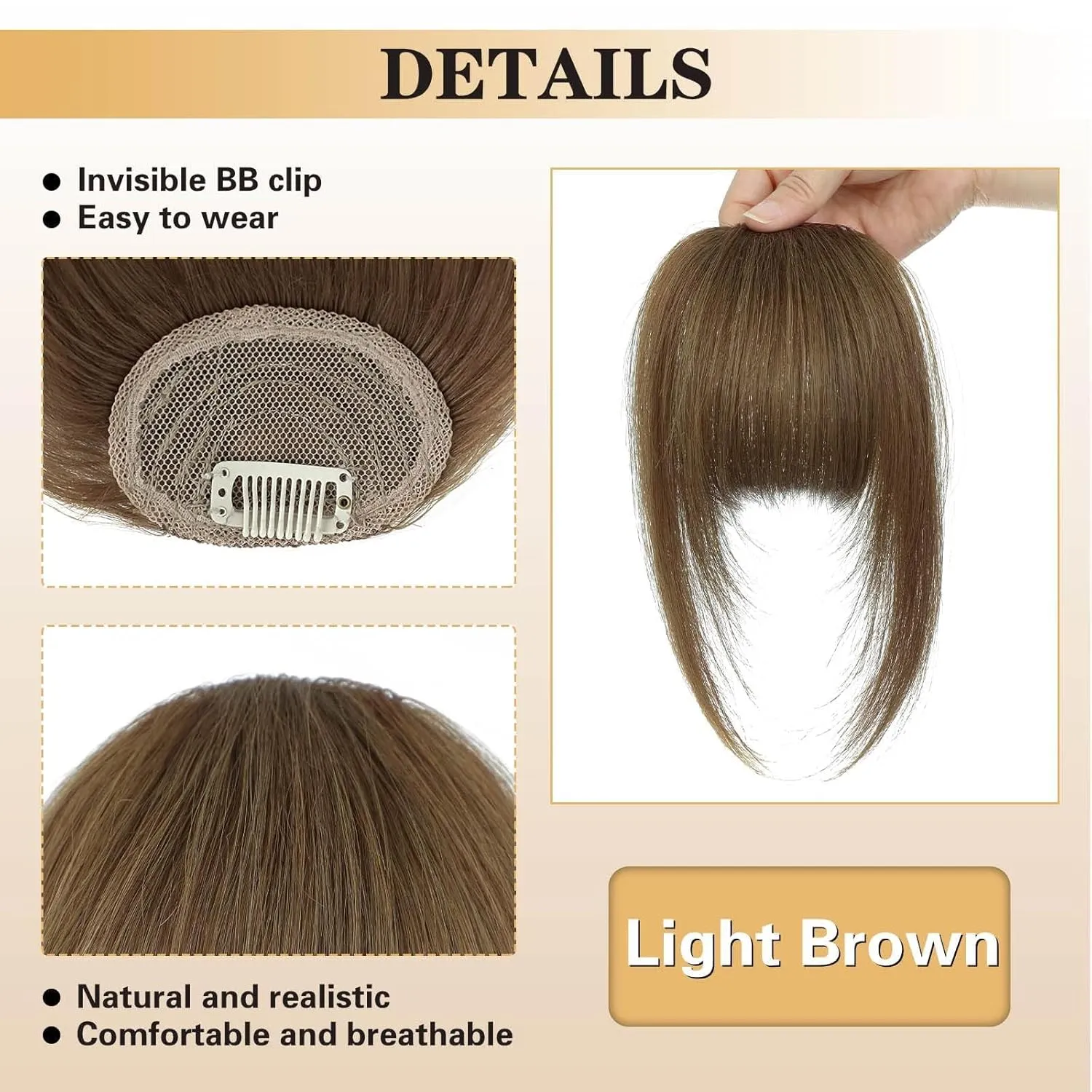 NAYOO Bangs Hair Clip - Light Brown Fake Bangs 100% Real Human Hair Extensions French Bangs for Women Fringe with Temples Hairpieces Curved Bangs for Daily Wear(Light Brown, French Bangs)
