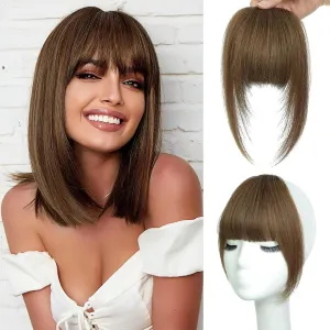 NAYOO Bangs Hair Clip - Light Brown Fake Bangs 100% Real Human Hair Extensions French Bangs for Women Fringe with Temples Hairpieces Curved Bangs for Daily Wear(Light Brown, French Bangs)