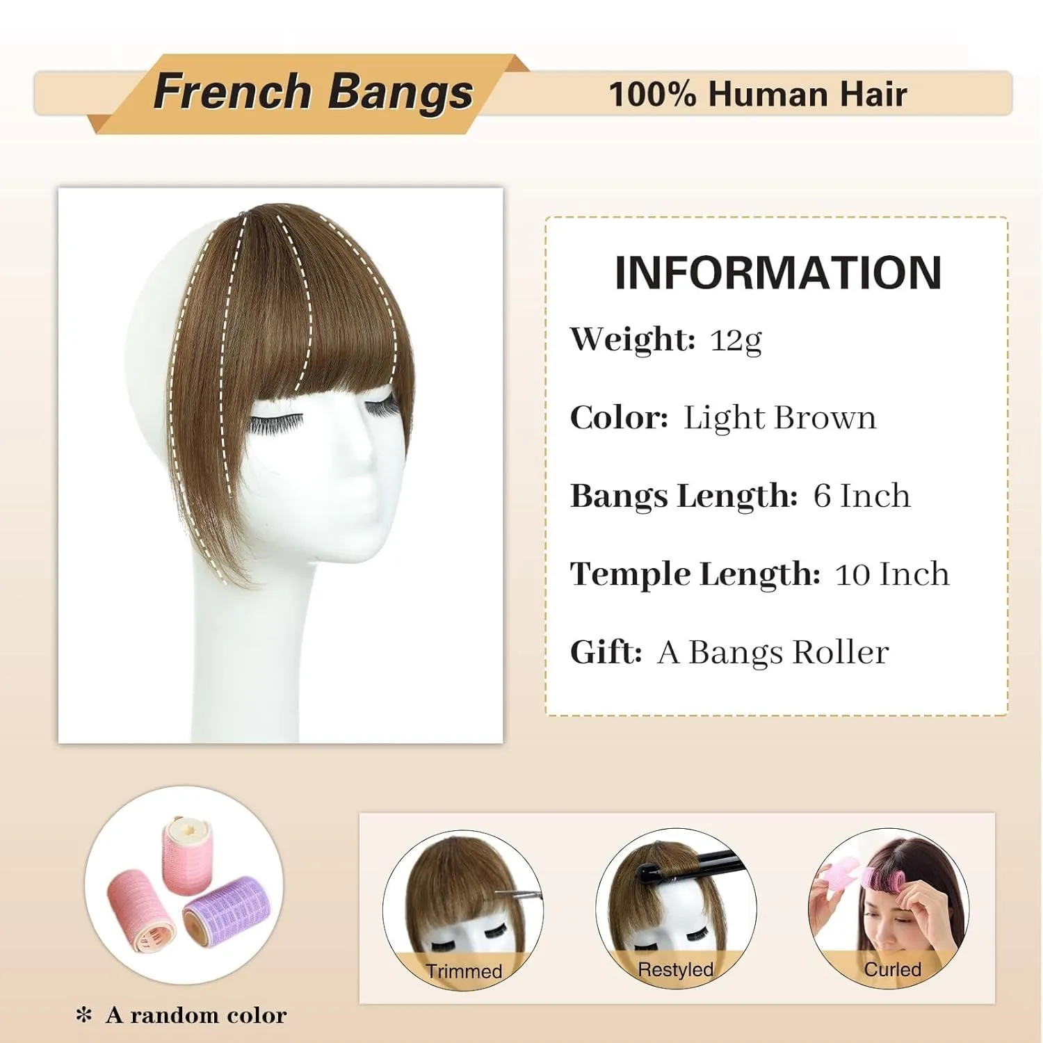 NAYOO Bangs Hair Clip - Light Brown Fake Bangs 100% Real Human Hair Extensions French Bangs for Women Fringe with Temples Hairpieces Curved Bangs for Daily Wear(Light Brown, French Bangs)