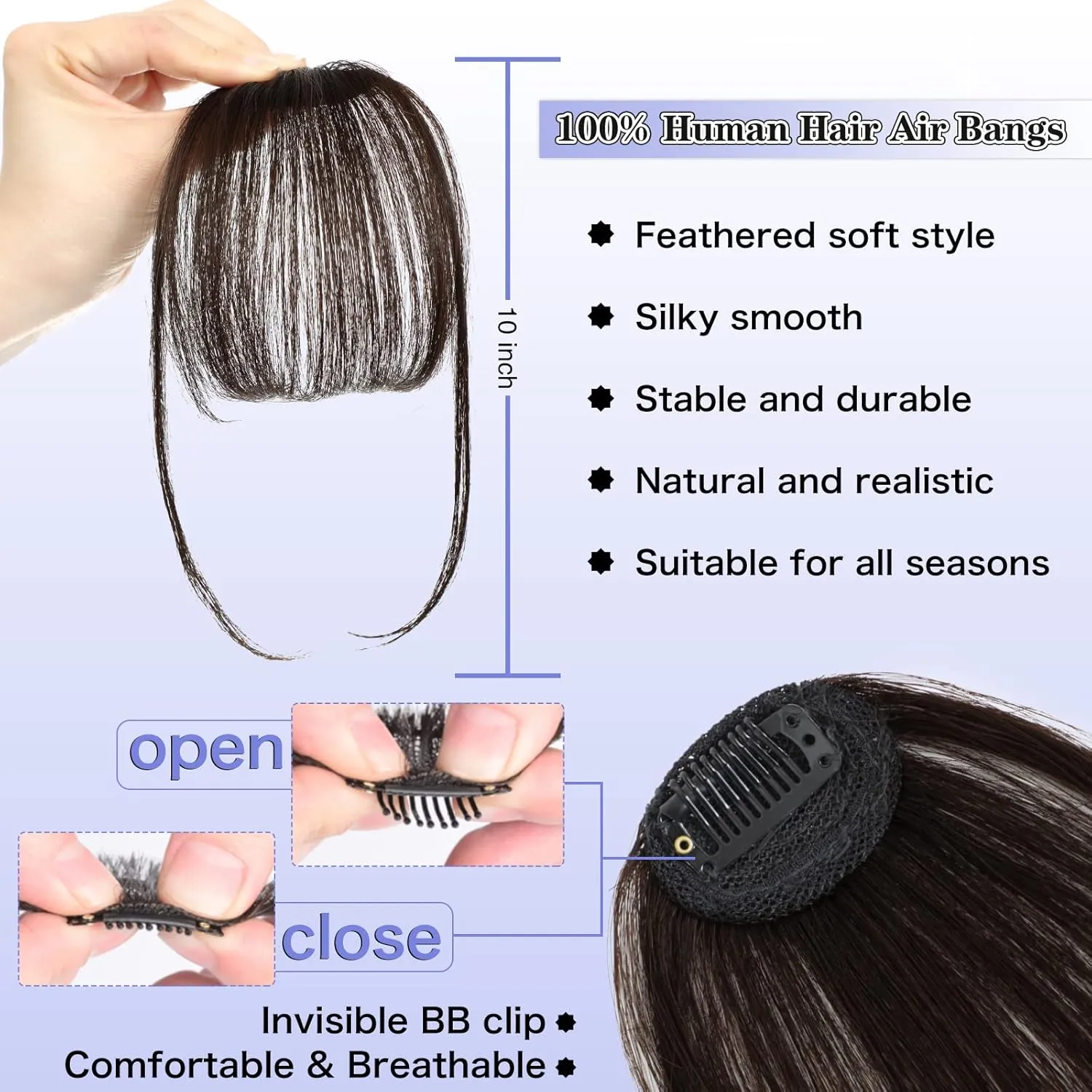 NAYOO Bnags Hair Clip- Dark Brown Fake Bangs 100% Real Human Hair Extensions Wispy Bangs for Women Fringe with Temples Hairpieces Curved Bangs for Daily Wear（Dark Brown Wispy Bangs）