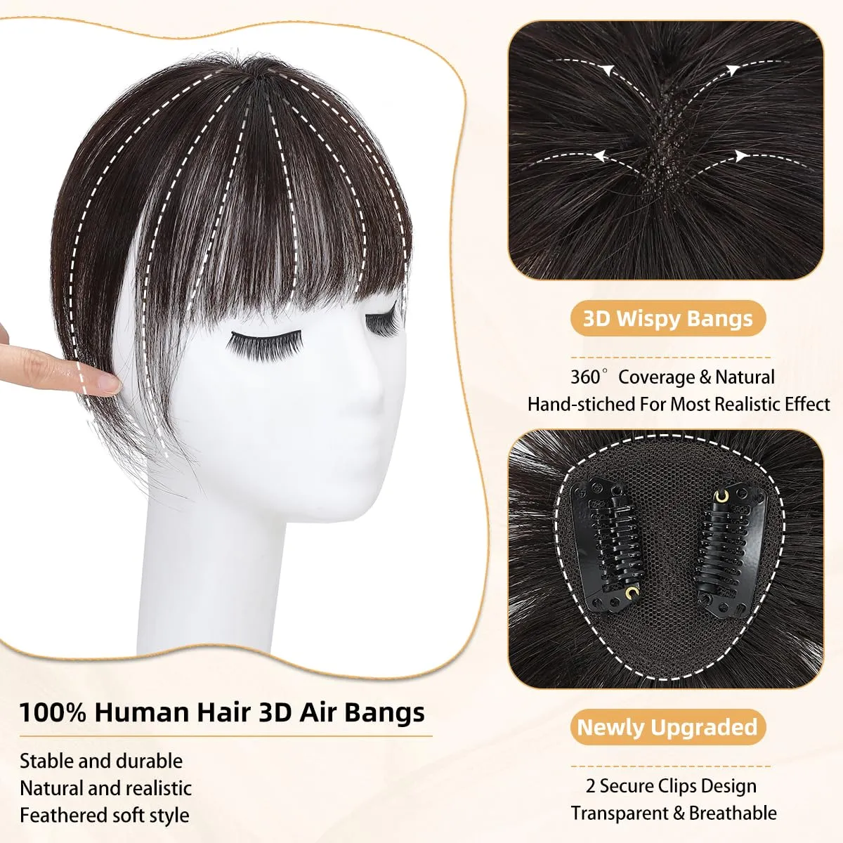 NAYOO Clip in Bangs-Brown Black Human Hair 360° Cover Wipsy Bangs Hair for Women, 2 Secure Clips in Full Fringe Hair Toppers for Women Girls Daily Wear (Brown Black)