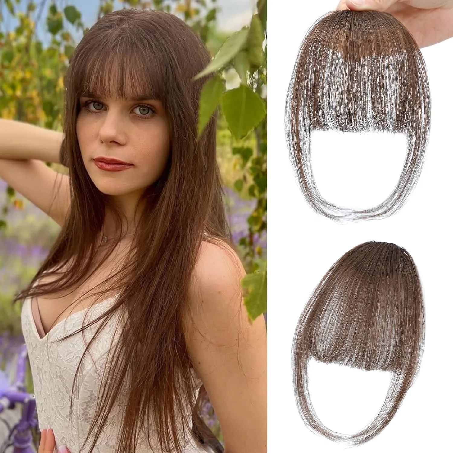 NAYOO Clip In Bangs - Brown Human Hair Fake Bangs Fringe with Temples Hairpieces for Women Natural Curved Hair Extensions for Daily Wear