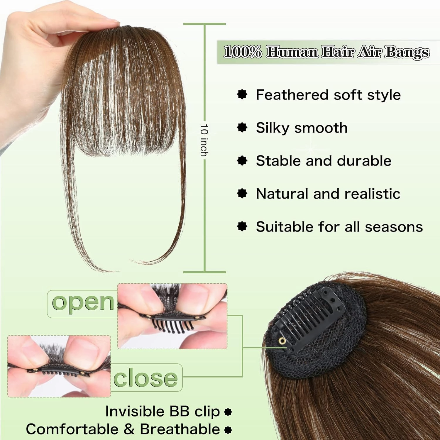 NAYOO Bangs Hair Clip -Medium Brown Fake Bangs 100% Real Human Hair Extensions Wispy Bangs for Women Fringe with Temples Hairpieces Curved Bangs for Daily Wear