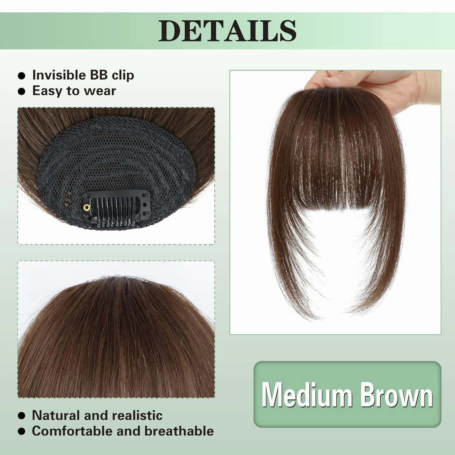 NAYOO French Bangs Hair Clip -Medium Brown 100% Real Human Hair Clip in Bangs for Women Fringe with Temples Hairpieces for Daily Wear (Medium Brown)