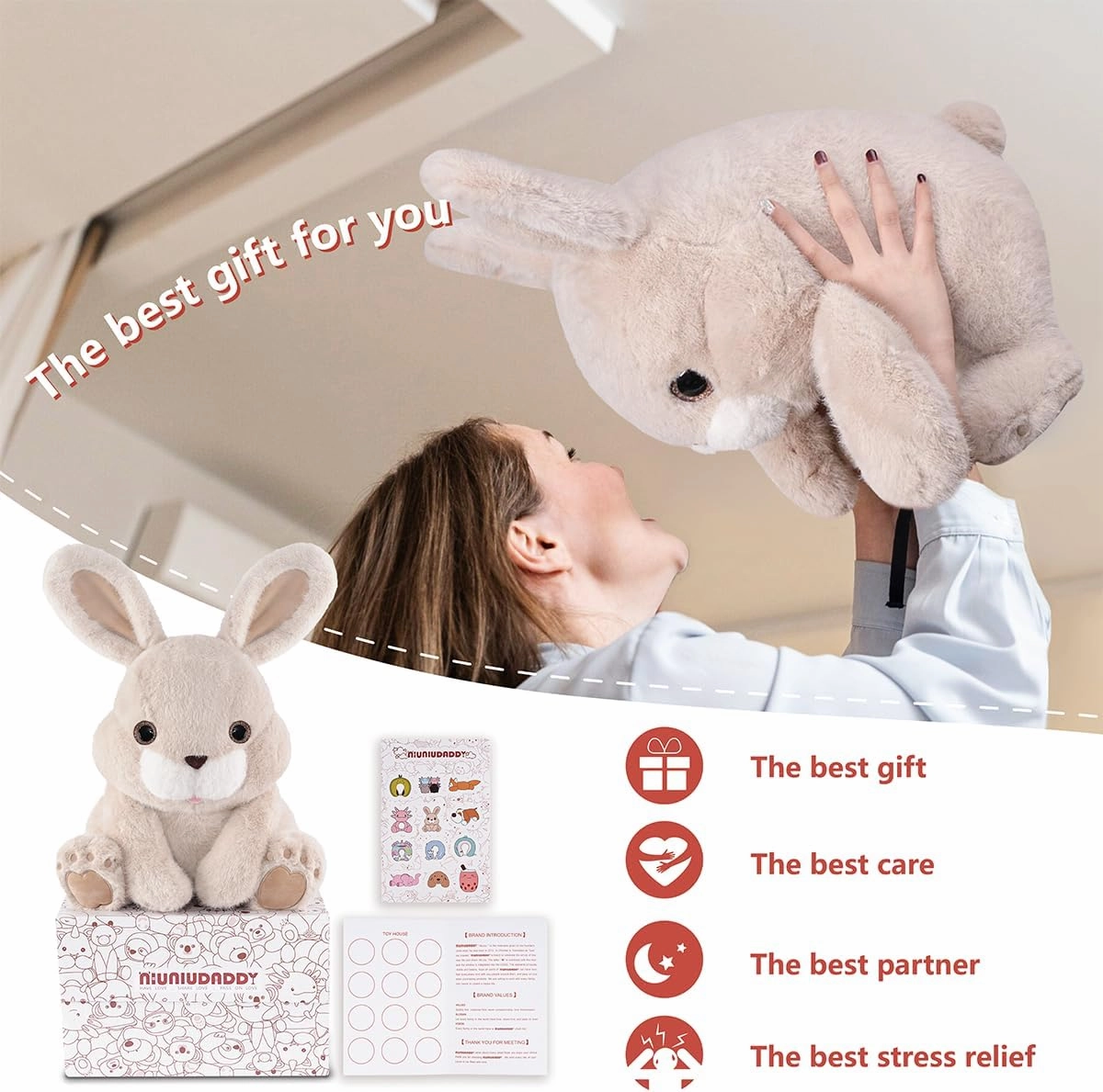 Niuniu Daddy 14" | 3.5 Pound Rabbit Weighted Bunny Stuffed Animals, Large Hugging Plush Animal Toys for Kids Adults Baby, Large Body Pillow for Sleep Gifts Presents Birthday Christmas Holiday
