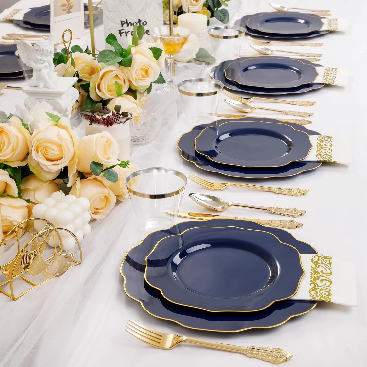 NOCCUR 175PCS Blue Plastic Plates with Disposable Silverware - Include 50 Blue Disposable Plates with Gold Rim,75 Gold Cutlery,25 Cups,25Napkins - Idea for Party/Wedding
