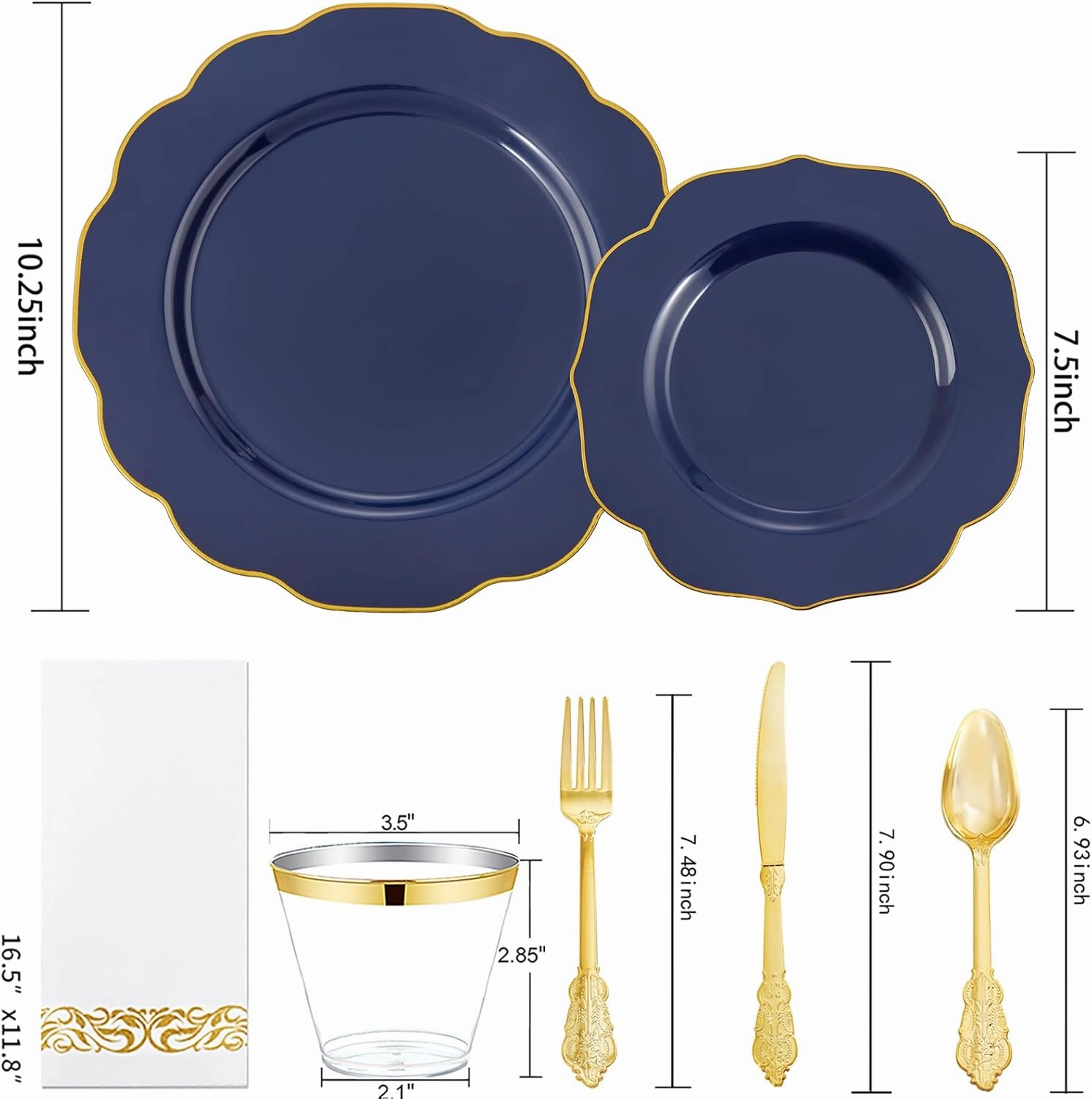 NOCCUR 175PCS Blue Plastic Plates with Disposable Silverware - Include 50 Blue Disposable Plates with Gold Rim,75 Gold Cutlery,25 Cups,25Napkins - Idea for Party/Wedding