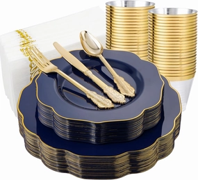 NOCCUR 175PCS Blue Plastic Plates with Disposable Silverware - Include 50 Blue Disposable Plates with Gold Rim,75 Gold Cutlery,25 Cups,25Napkins - Idea for Party/Wedding