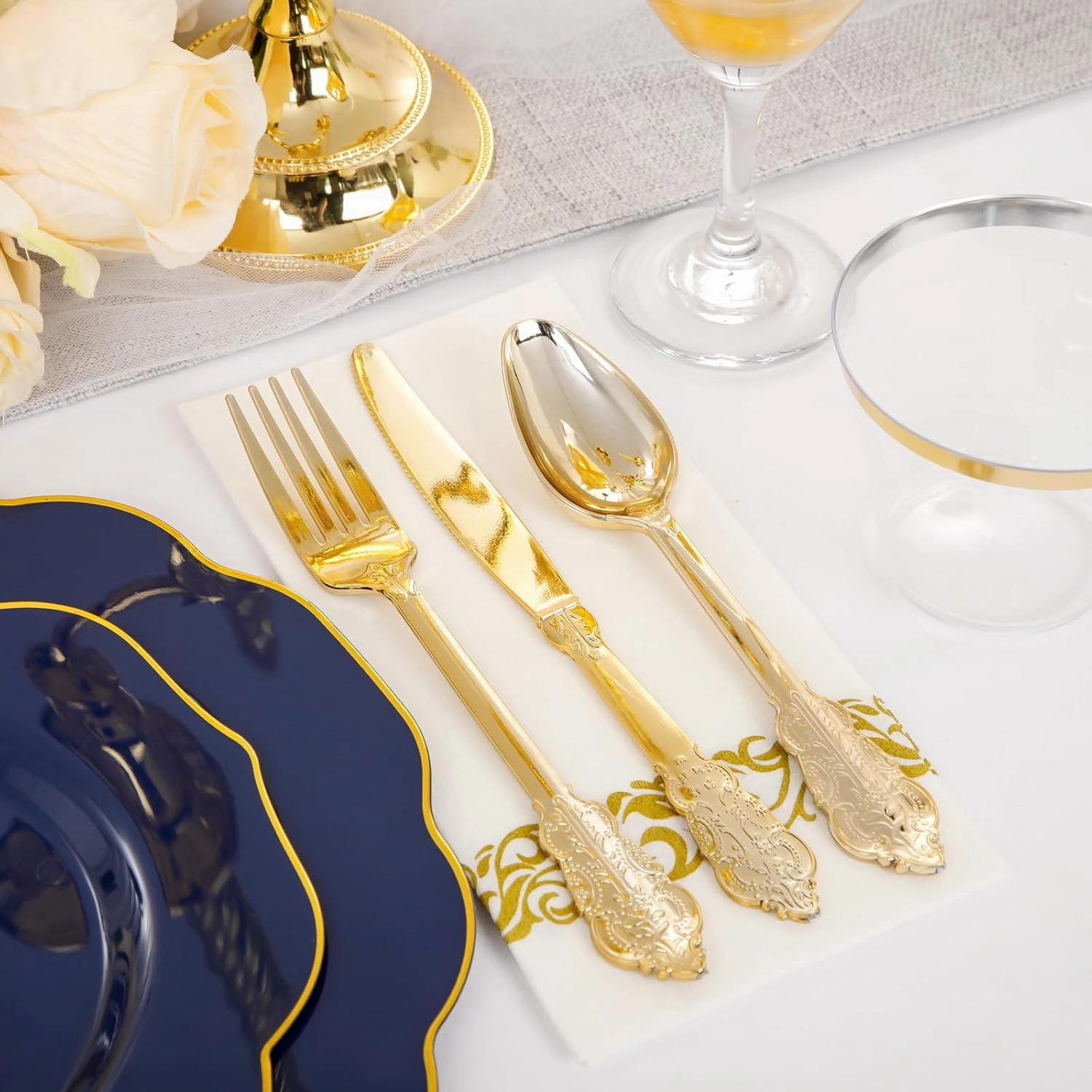 NOCCUR 175PCS Blue Plastic Plates with Disposable Silverware - Include 50 Blue Disposable Plates with Gold Rim,75 Gold Cutlery,25 Cups,25Napkins - Idea for Party/Wedding